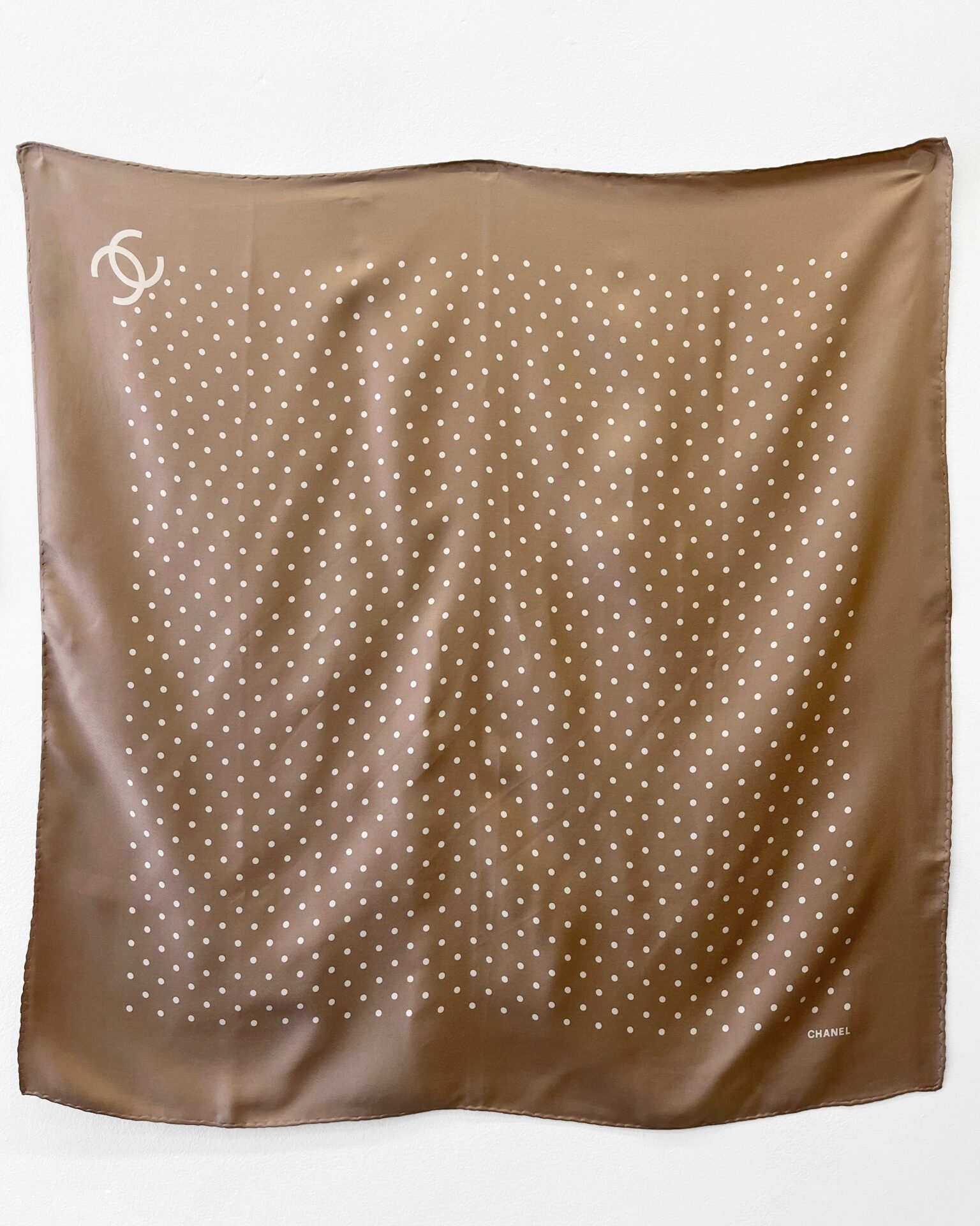 Chanel 1980's taupe silk scarf with cream logo print