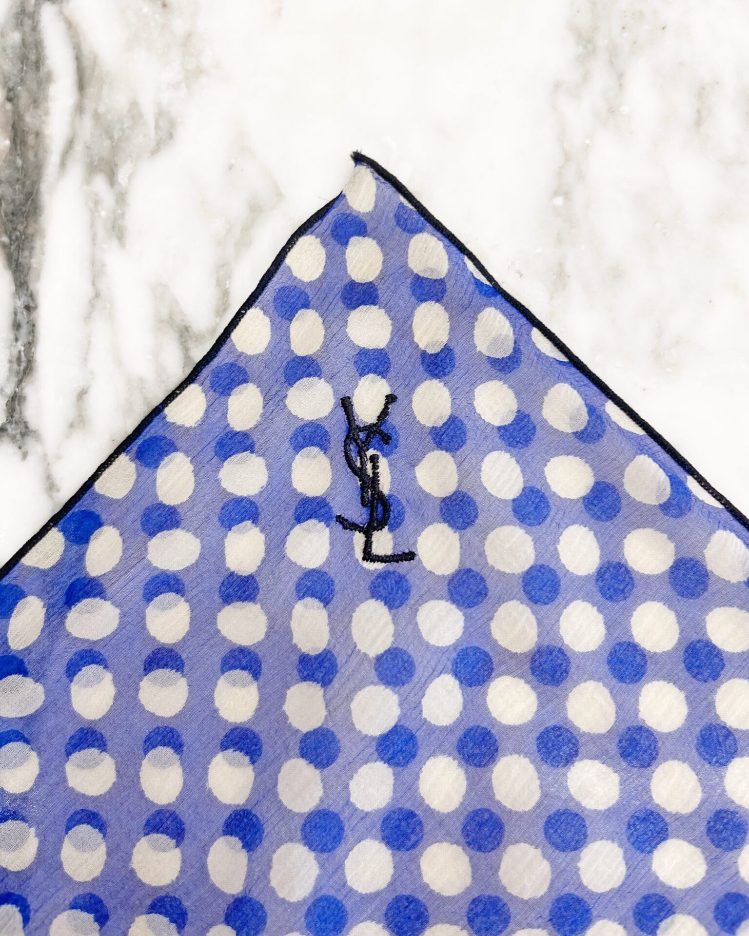 Yves Saint Laurent silk chiffon indigo/white polka dot pocket square