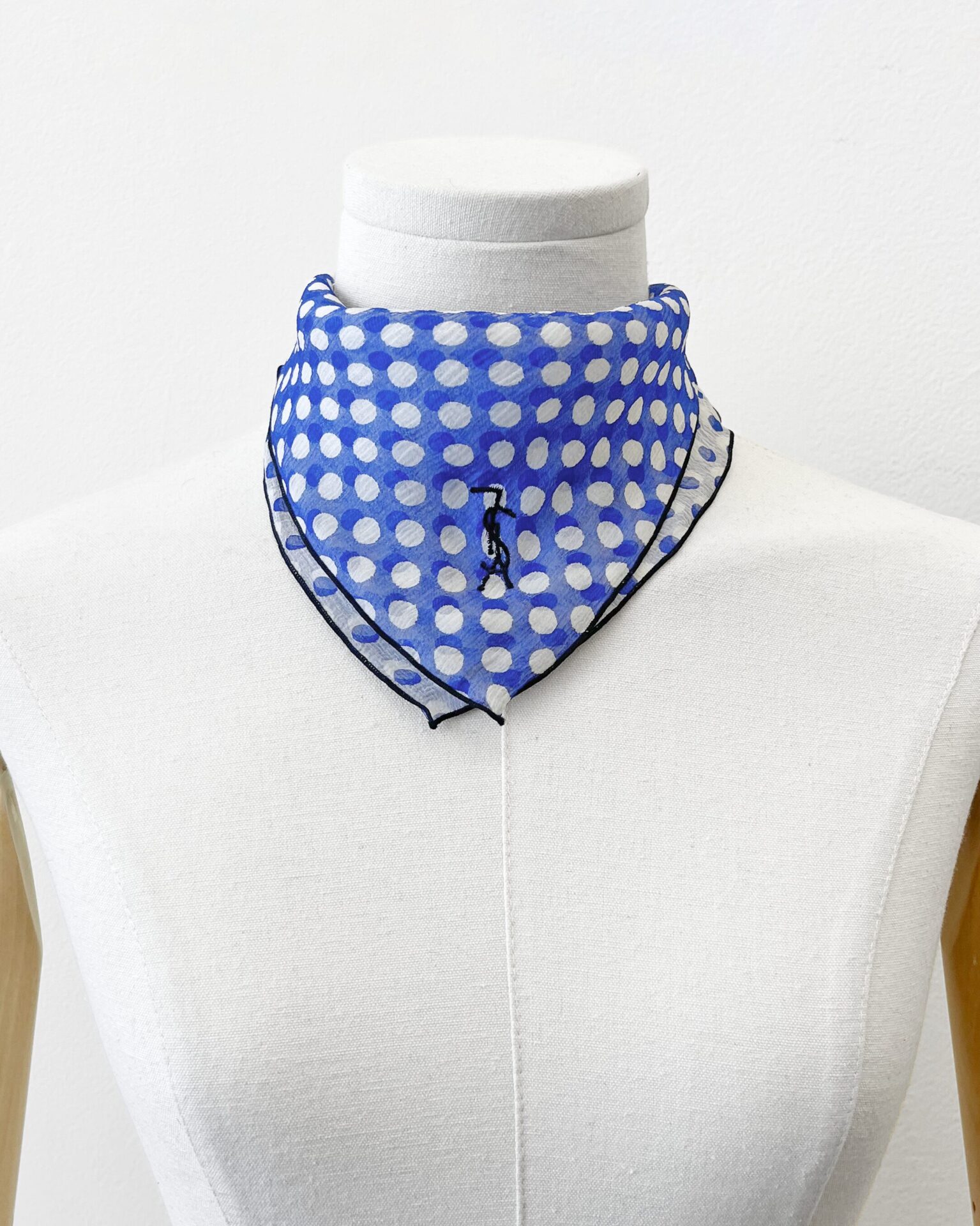 Yves Saint Laurent silk chiffon indigo/white polka dot pocket square