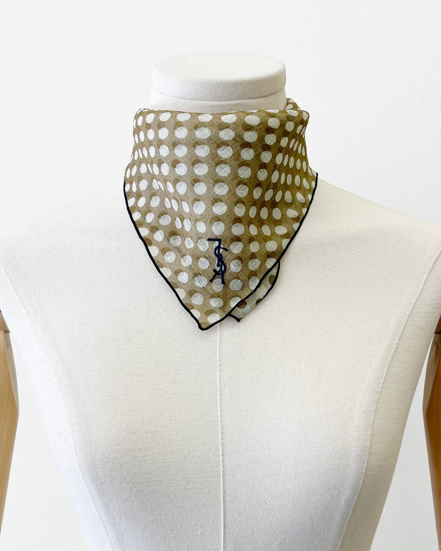Yves Saint Laurent silk chiffon taupe/white polka dot handkerchief