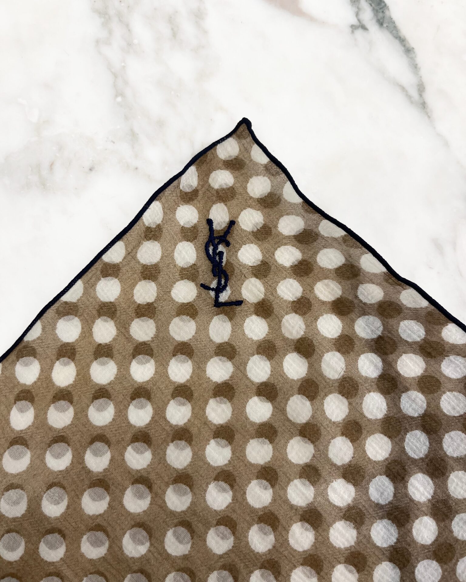 Yves Saint Laurent silk chiffon taupe/white polka dot handkerchief