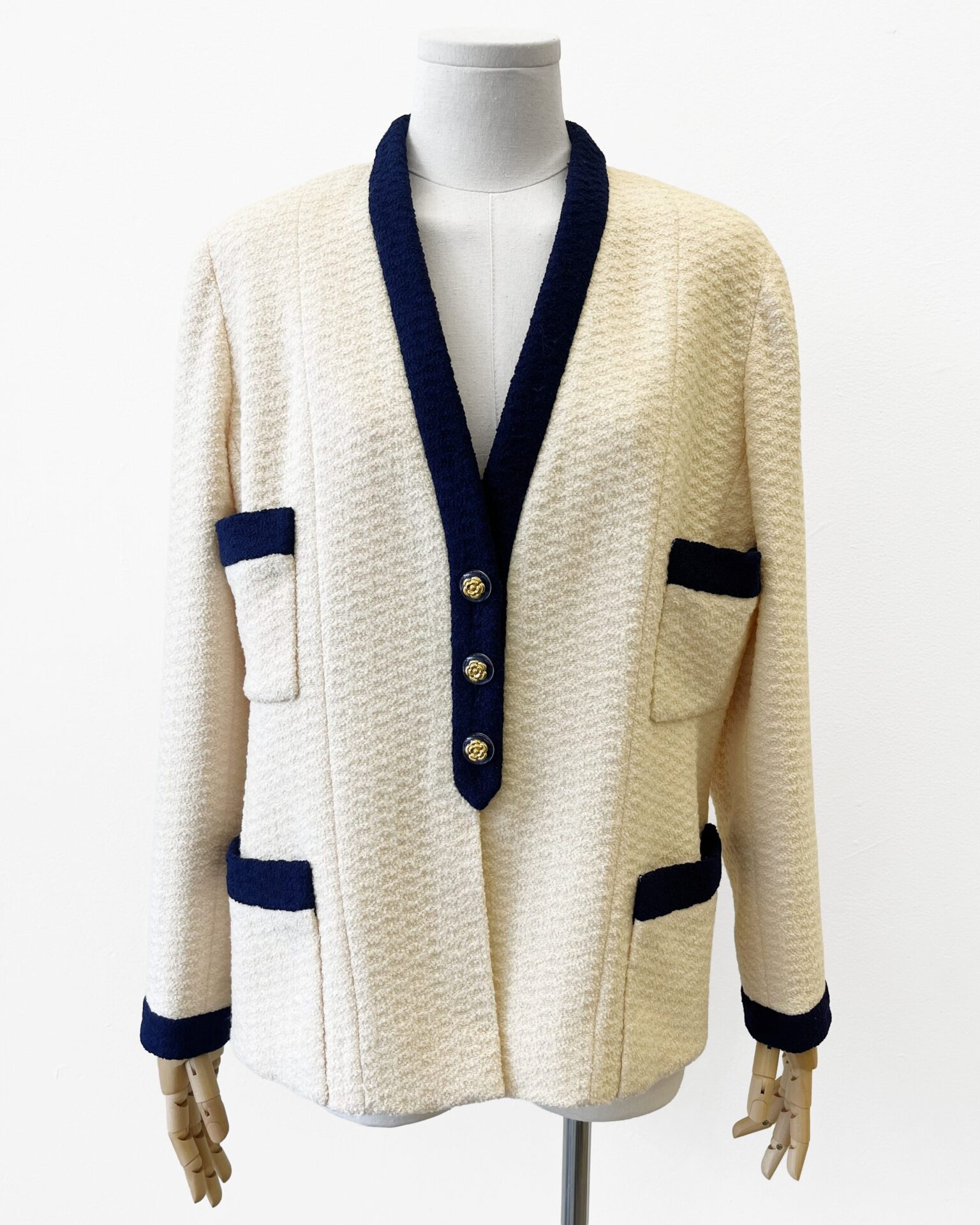 Chanel 1992 ivory/navy tweed blazer with camellia buttons