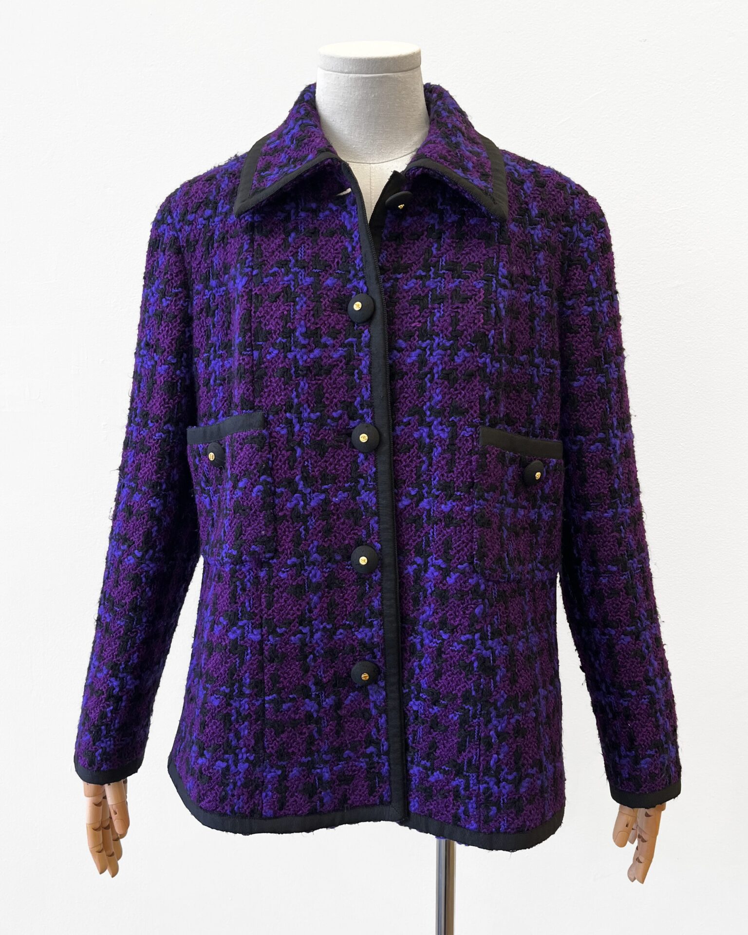 Chanel 1991 purple tweed jacket with black trim and logo buttons