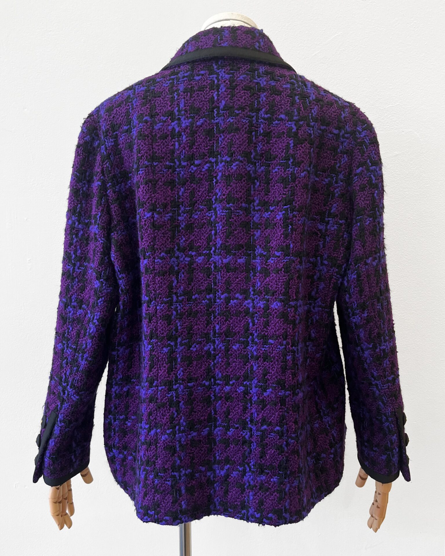 Chanel 1991 purple tweed jacket with black trim and logo buttons