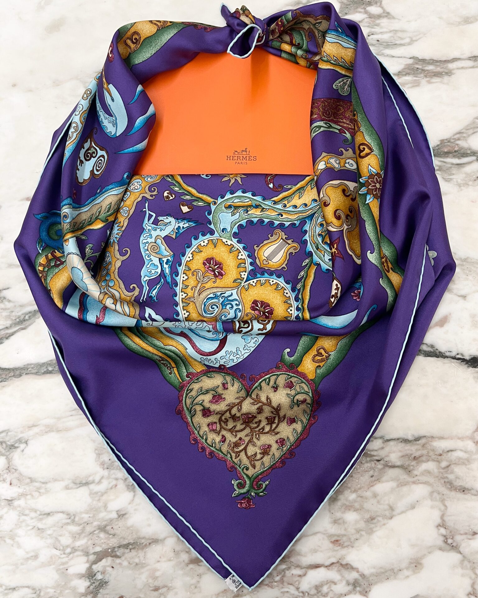 Hermes 'De Tout Coeur' purple silk swan/heart print scarf