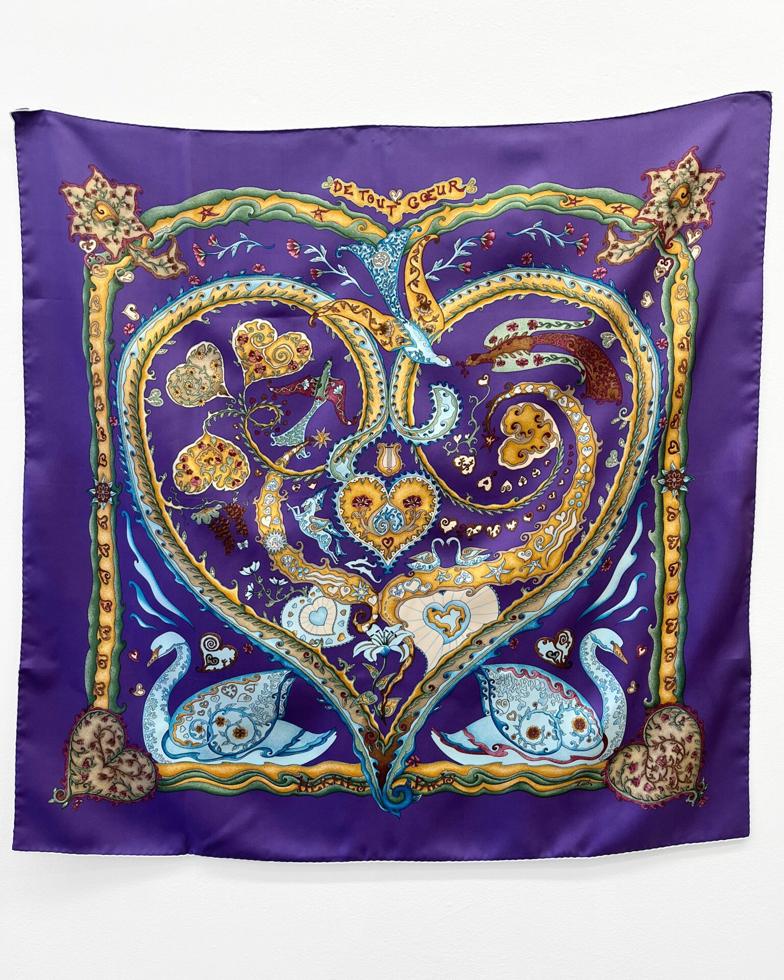 Hermes 'De Tout Coeur' purple silk swan/heart print scarf