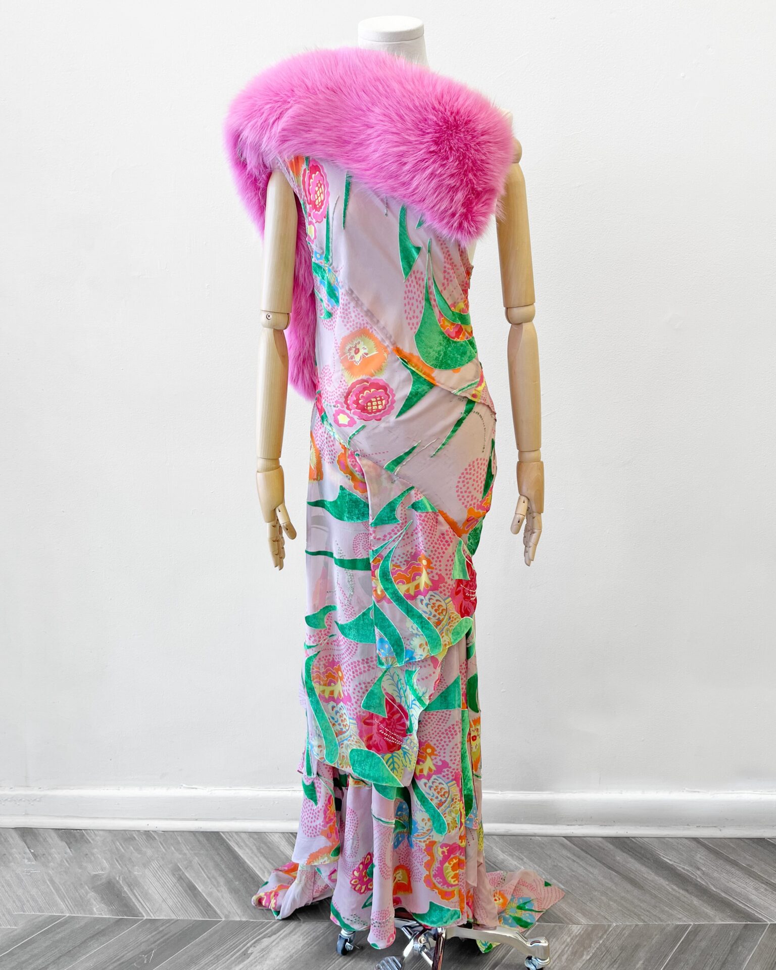 1990's bias cut silk/velvet floral print gown with fox fur collar