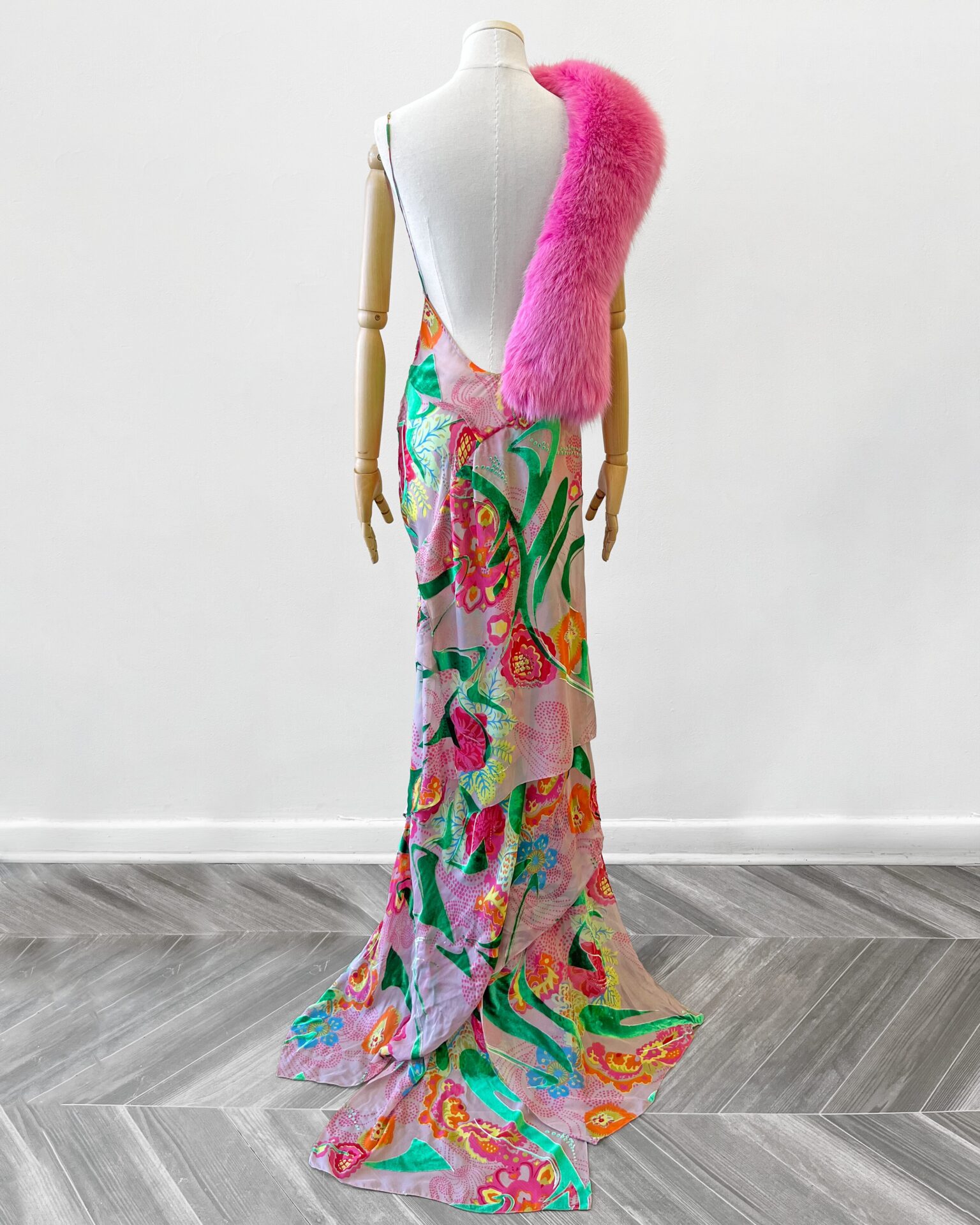 1990's bias cut silk/velvet floral print gown with fox fur collar