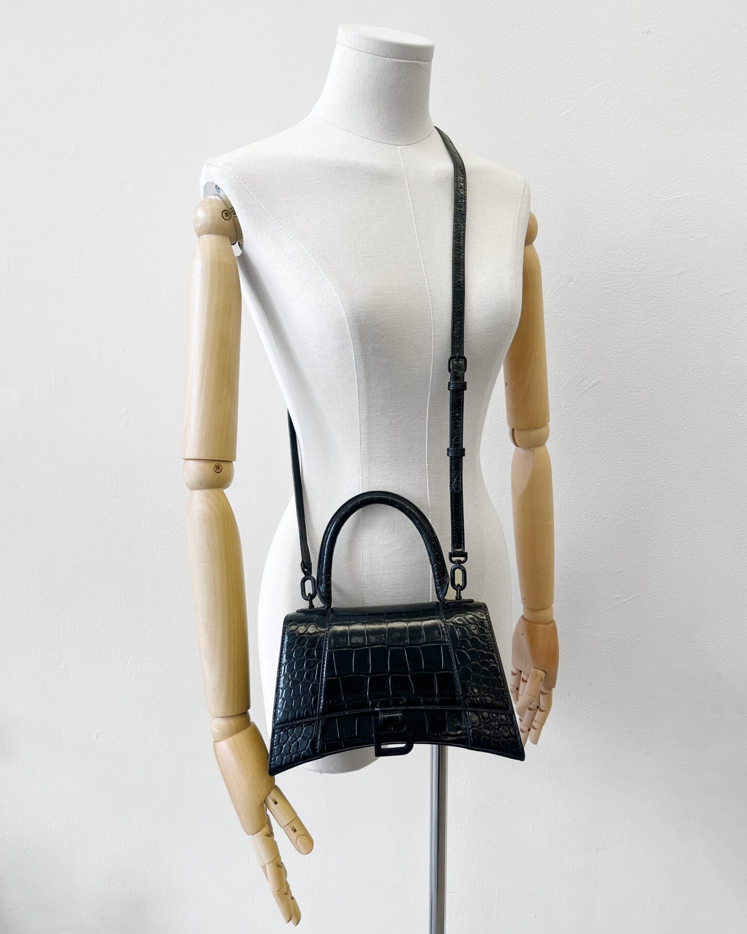 Balenciaga small Hourglass black croc stamped leather