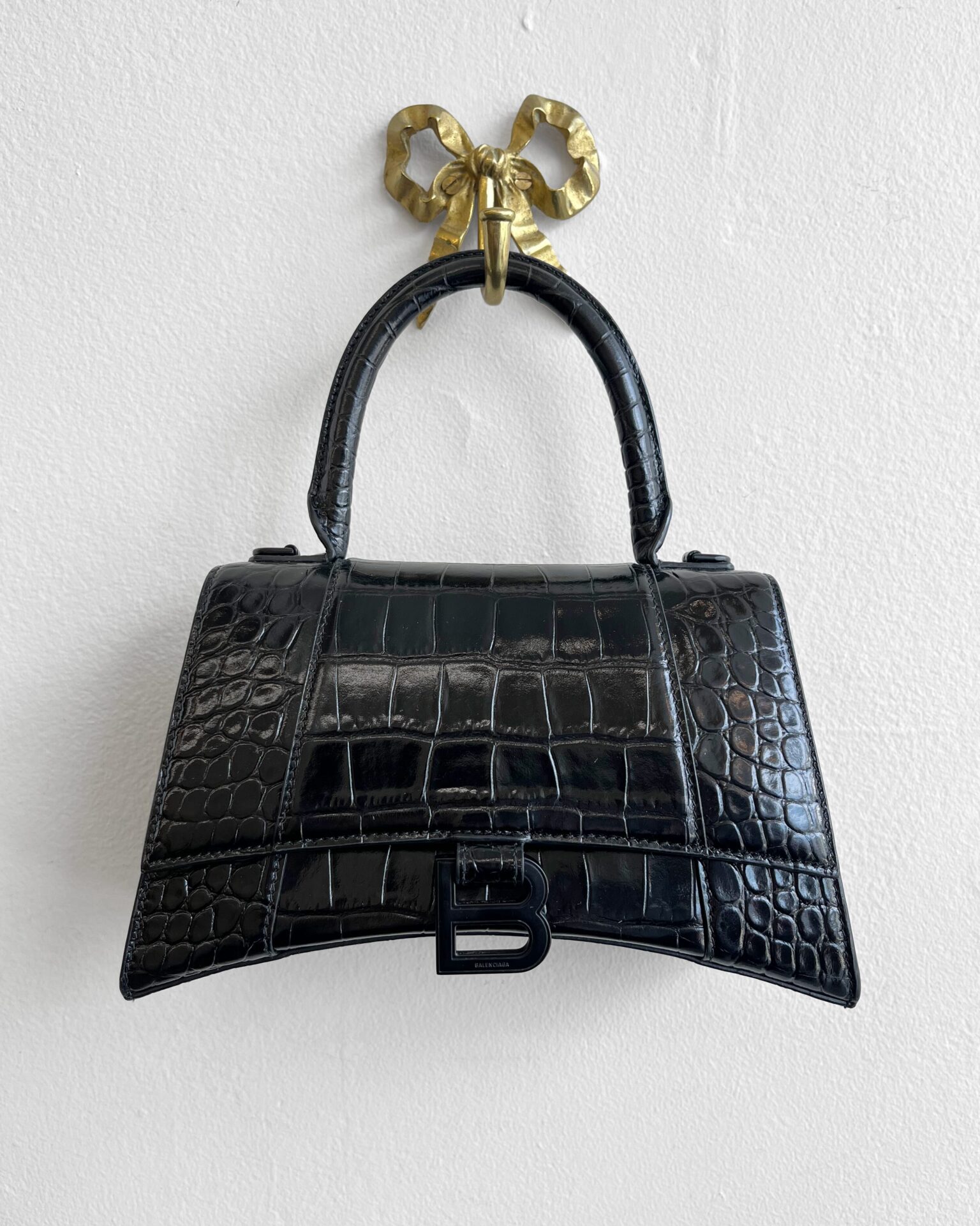 Balenciaga small Hourglass black croc stamped leather