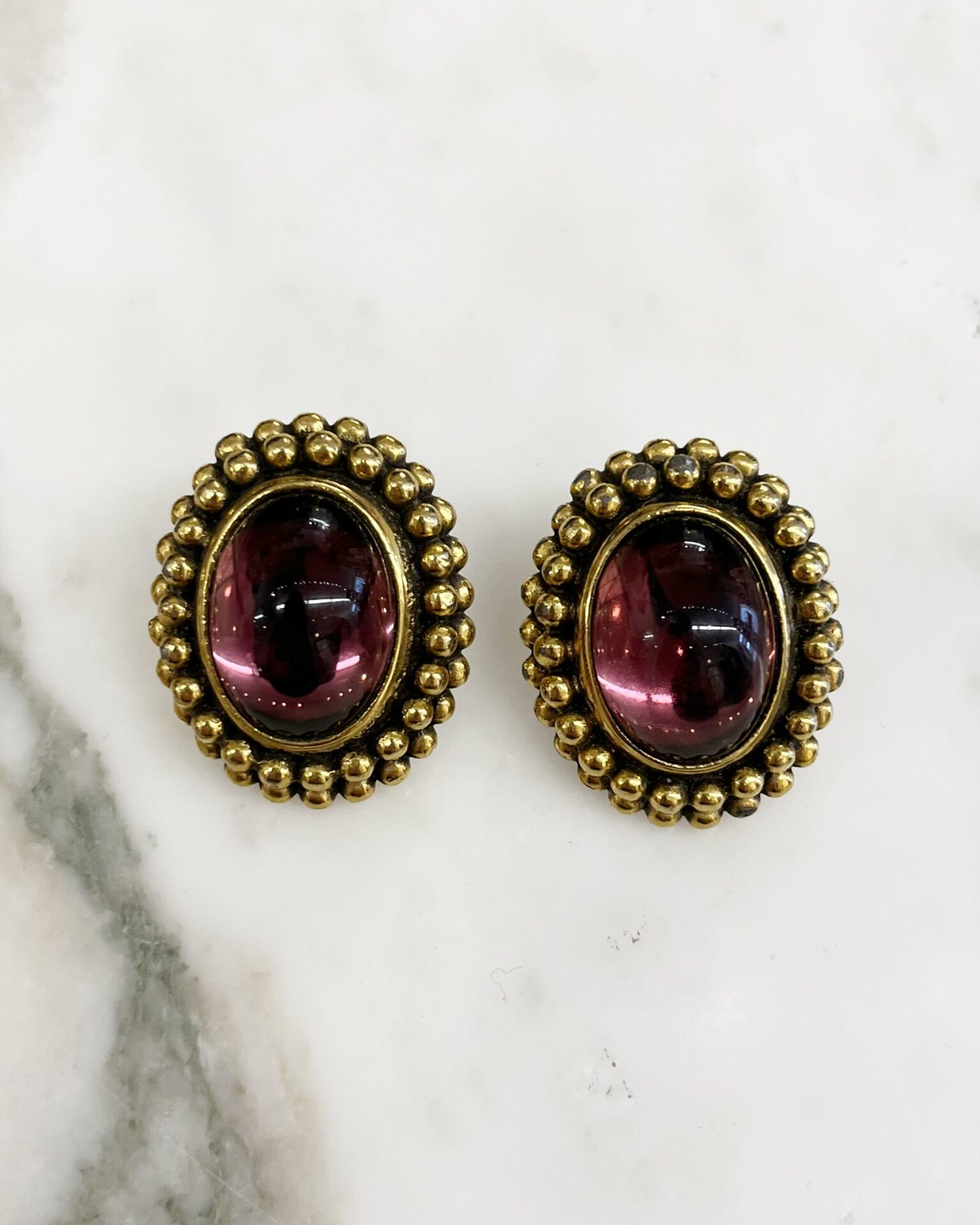 Yves Saint Laurent 1980's purple glass pearl trim clip on earrings