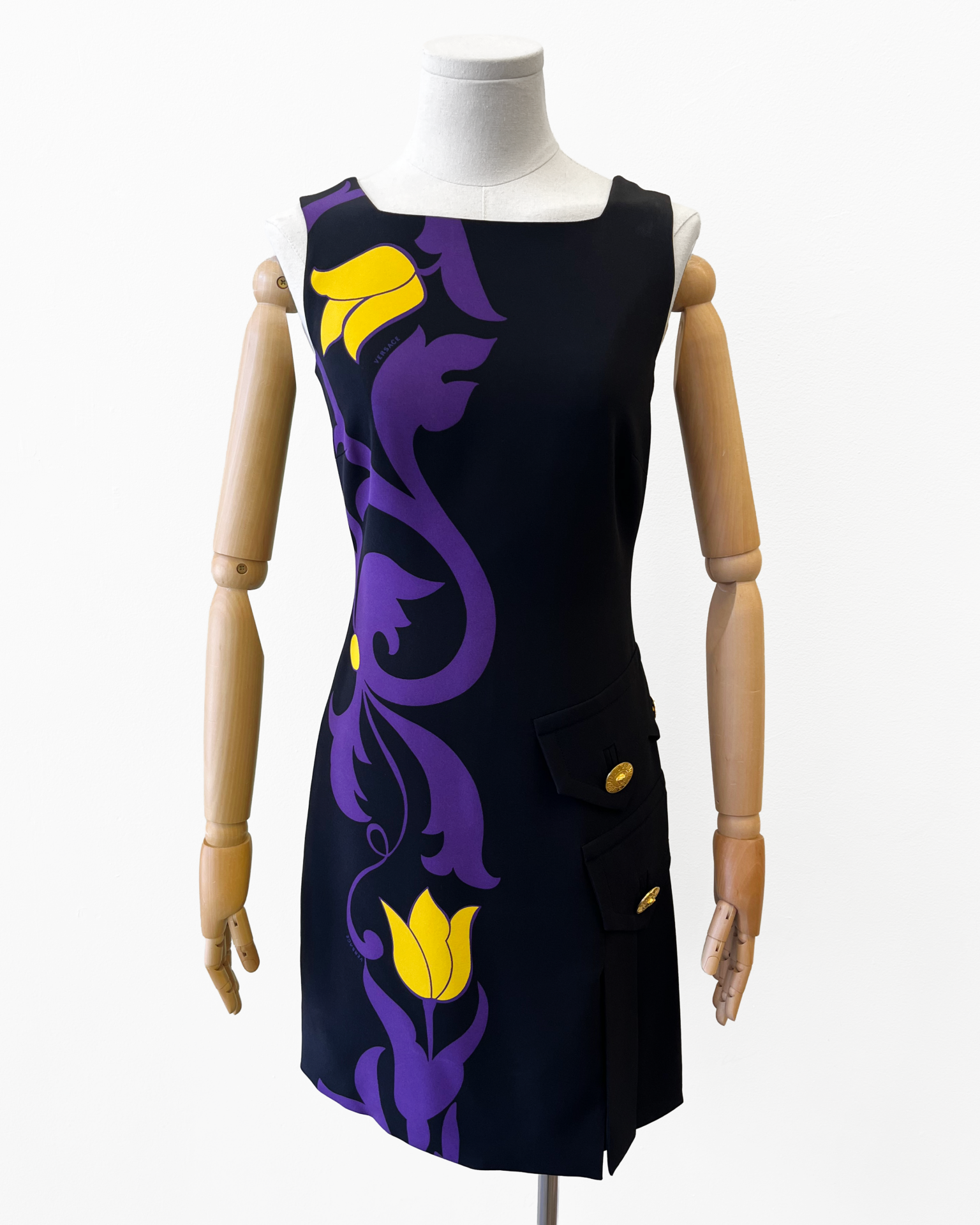 Versace 2011 tulip print & medusa button cocktail dress