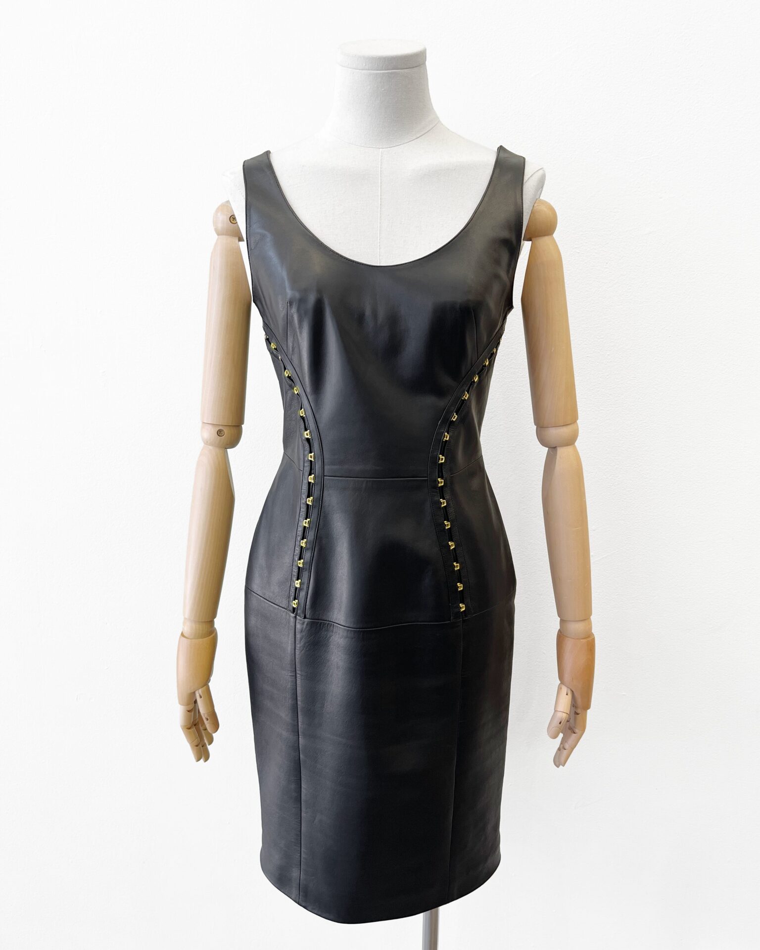 Versace 2010 black lambskin leather dress with corset hooks
