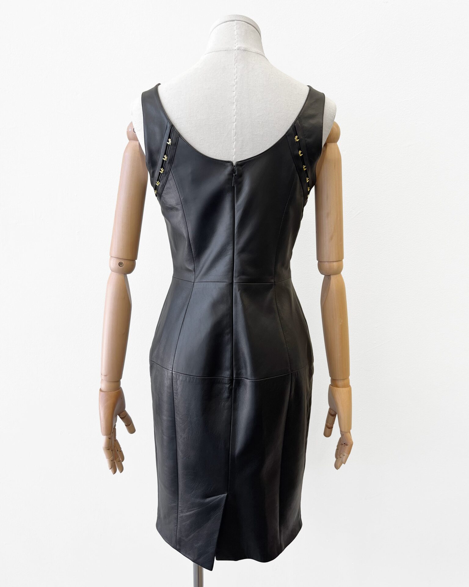 Versace 2010 black lambskin leather dress with corset hooks
