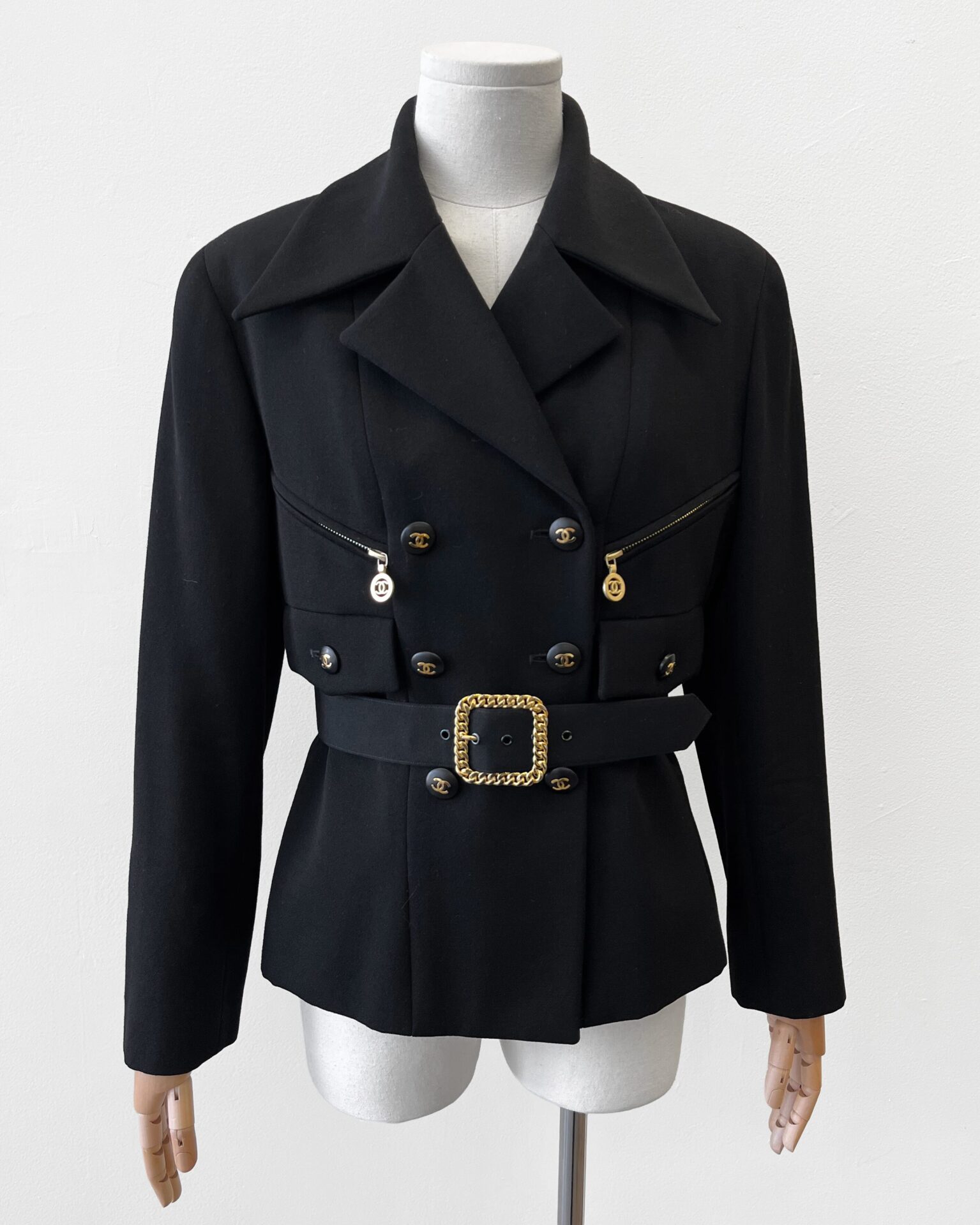 Chanel 1992 black double breasted wool jacket with belt & zippers