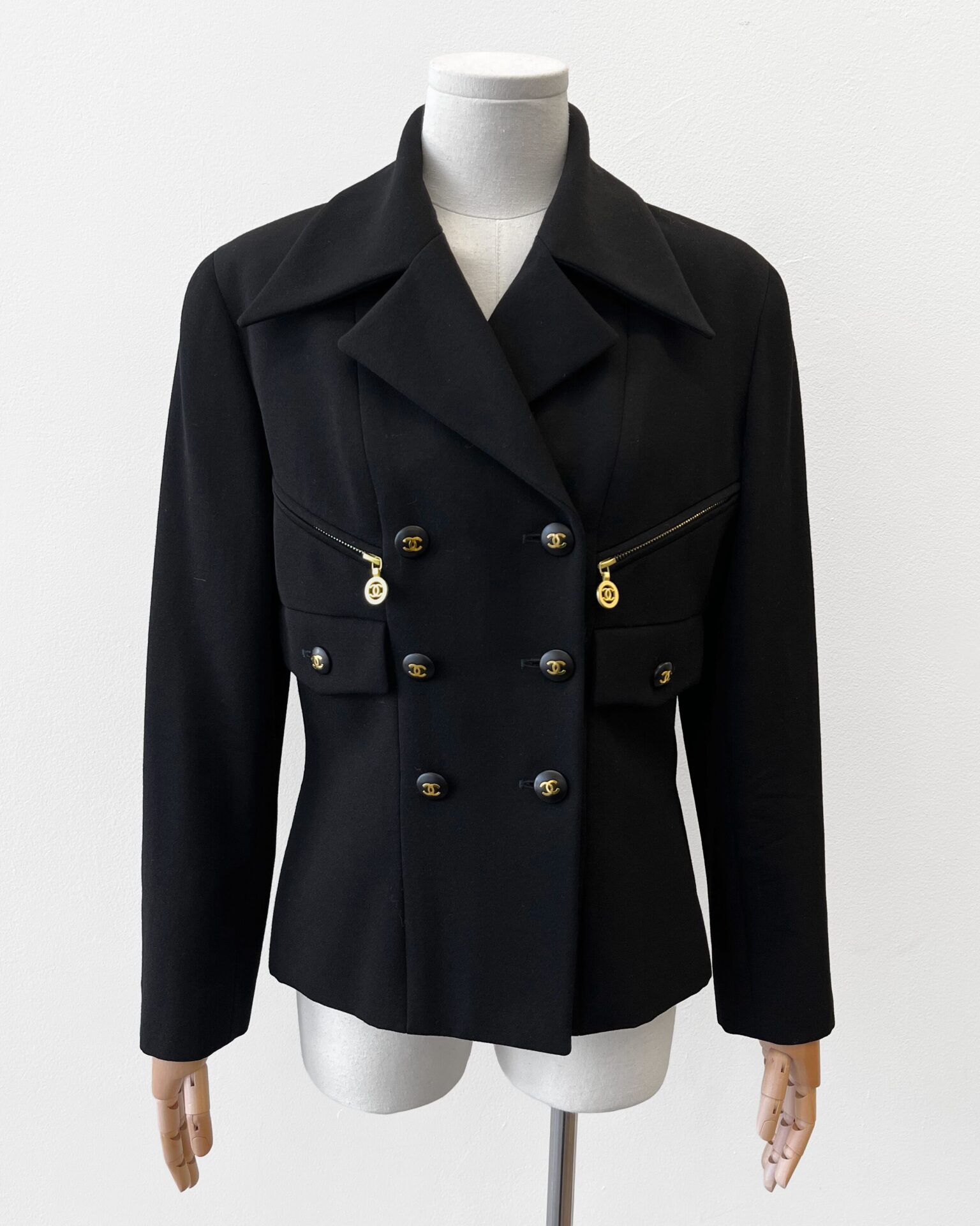 Chanel 1992 black double breasted wool jacket with belt & zippers