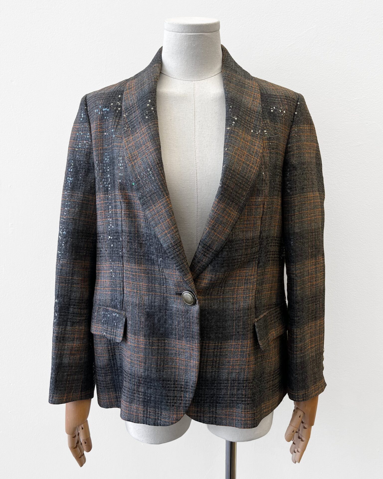 Brunello Cucinelli sequined grey & orange plaid blazer