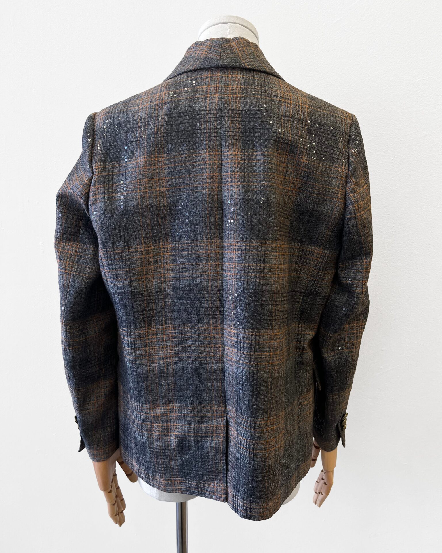 Brunello Cucinelli sequined grey & orange plaid blazer