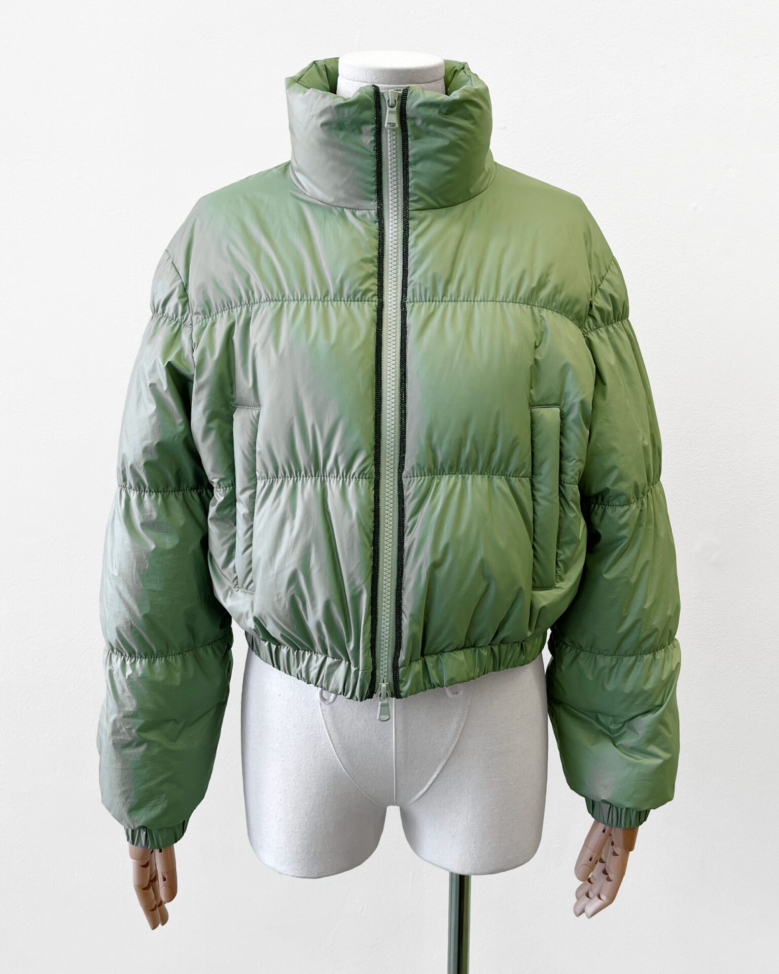 Brunello Cucinelli sage green down jacket with Monili trim