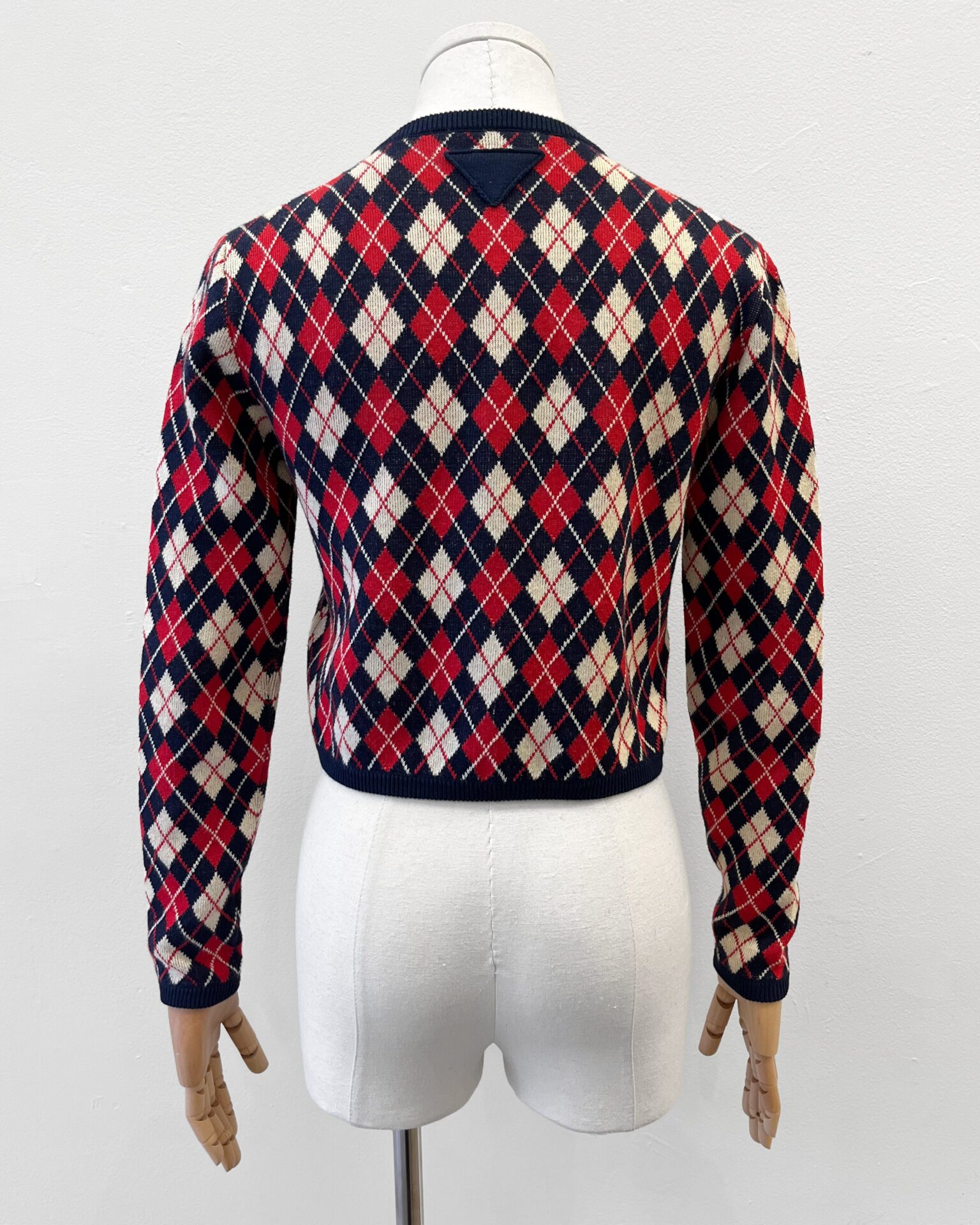 Prada argyle intarsia cotton cardigan with gold logo buttons