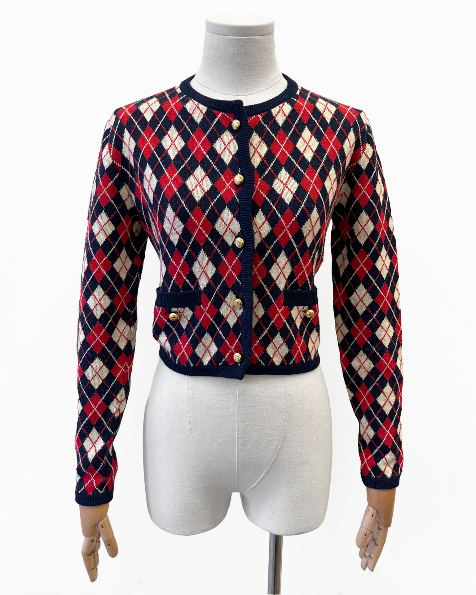 Prada argyle intarsia cotton cardigan with gold logo buttons