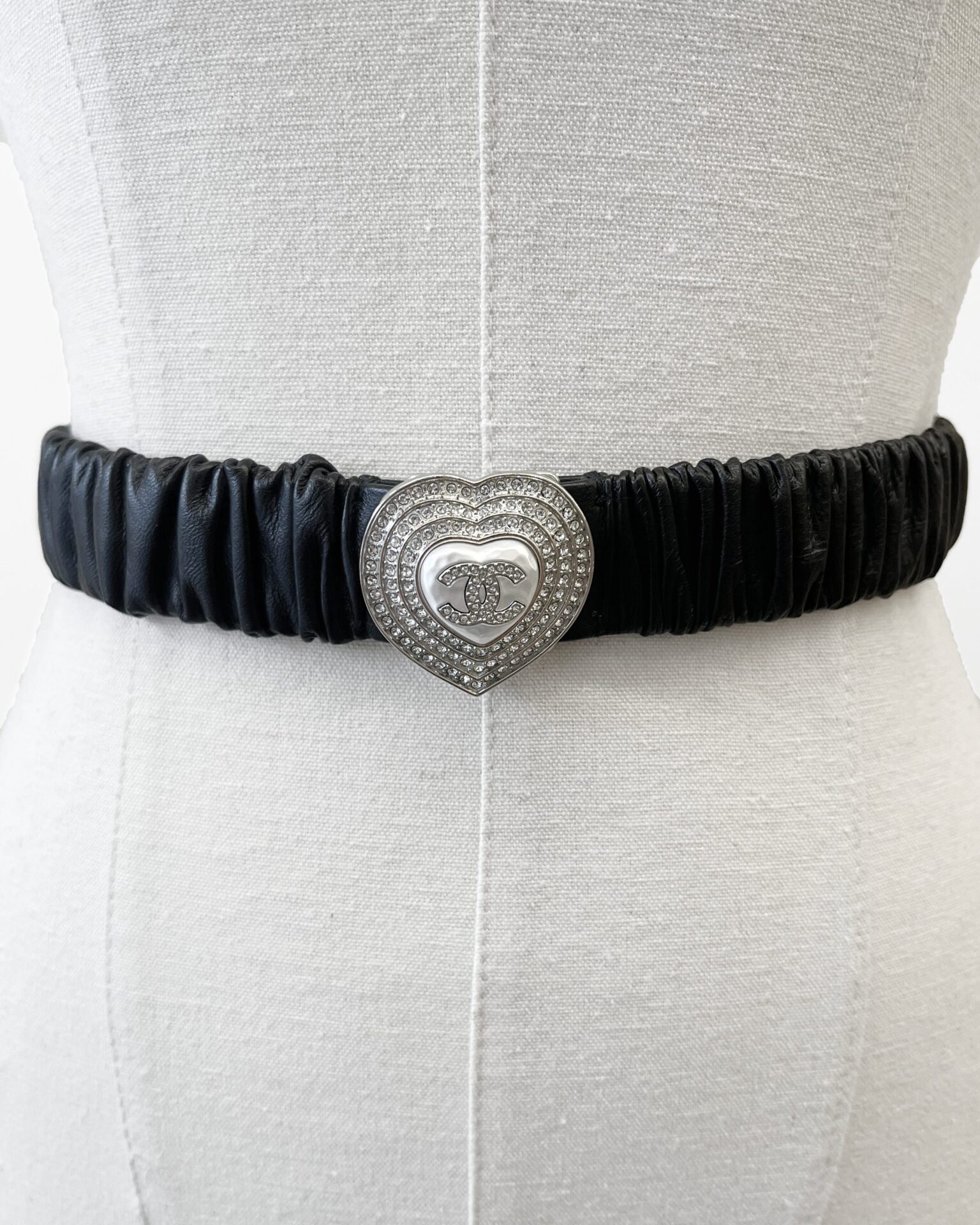 Chanel 2023 pearl & crystal heart buckle lambskin stretch belt