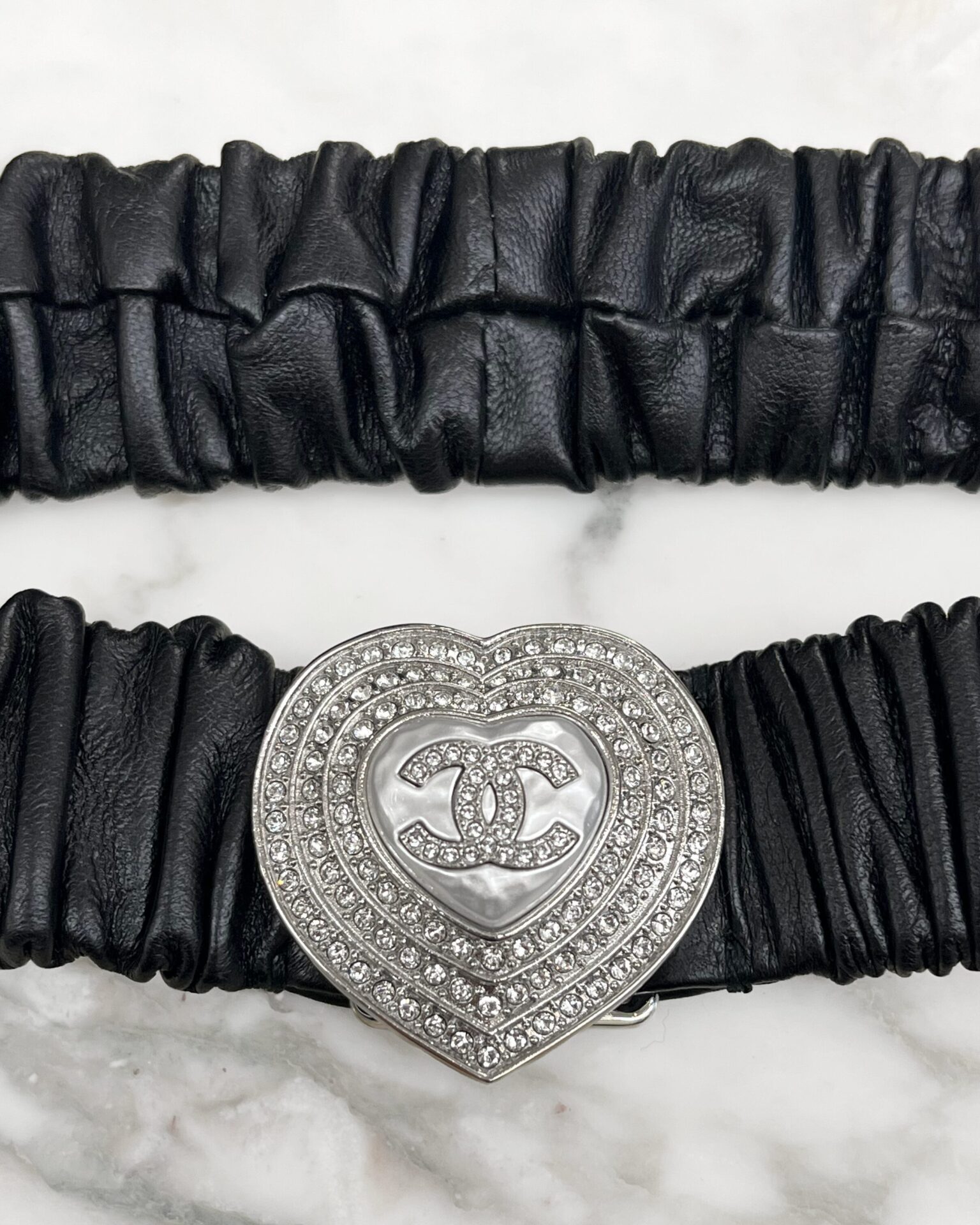 Chanel 2023 pearl & crystal heart buckle lambskin stretch belt