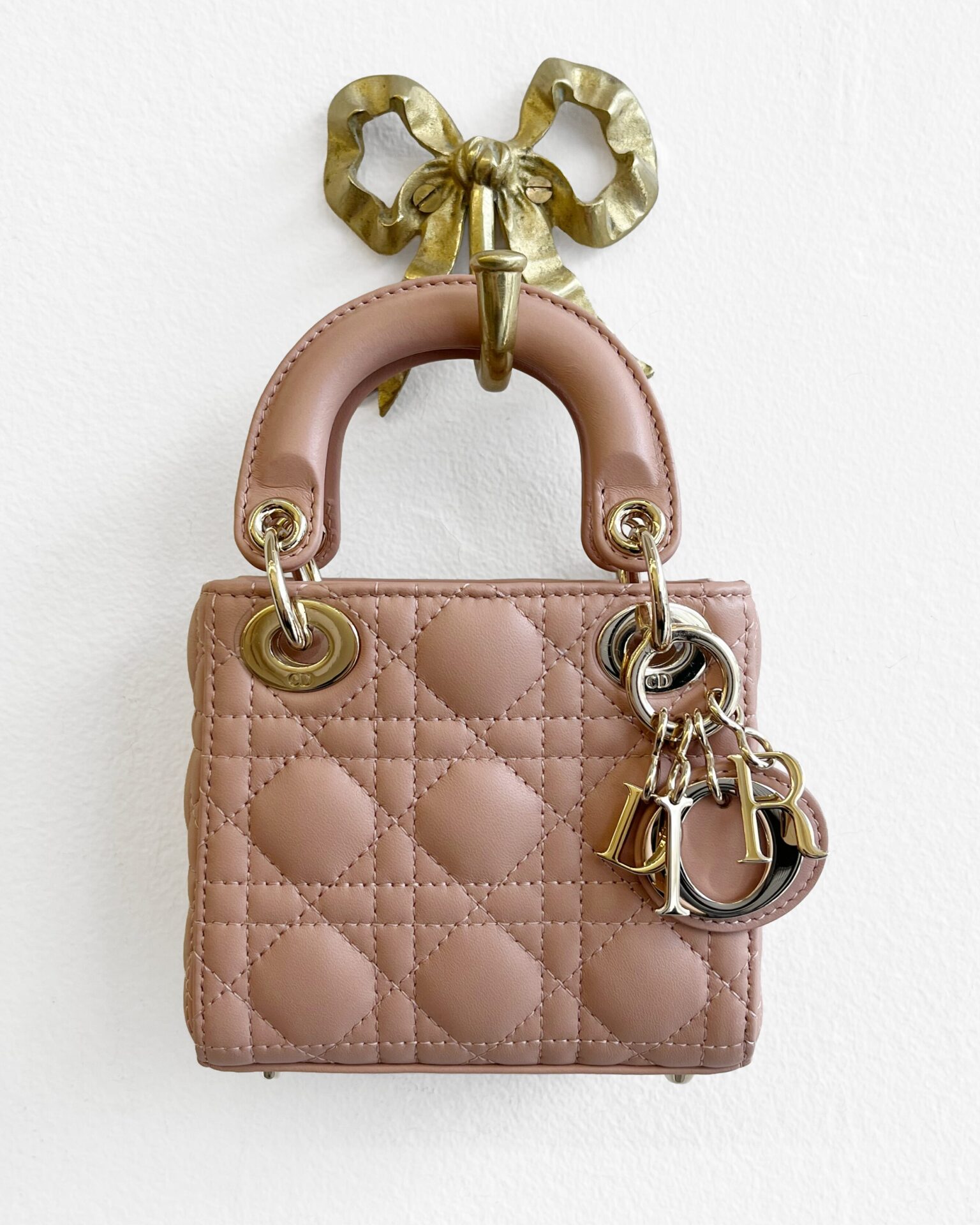 Dior micro Lady Dior bag in Rose des Vents lambskin with strap