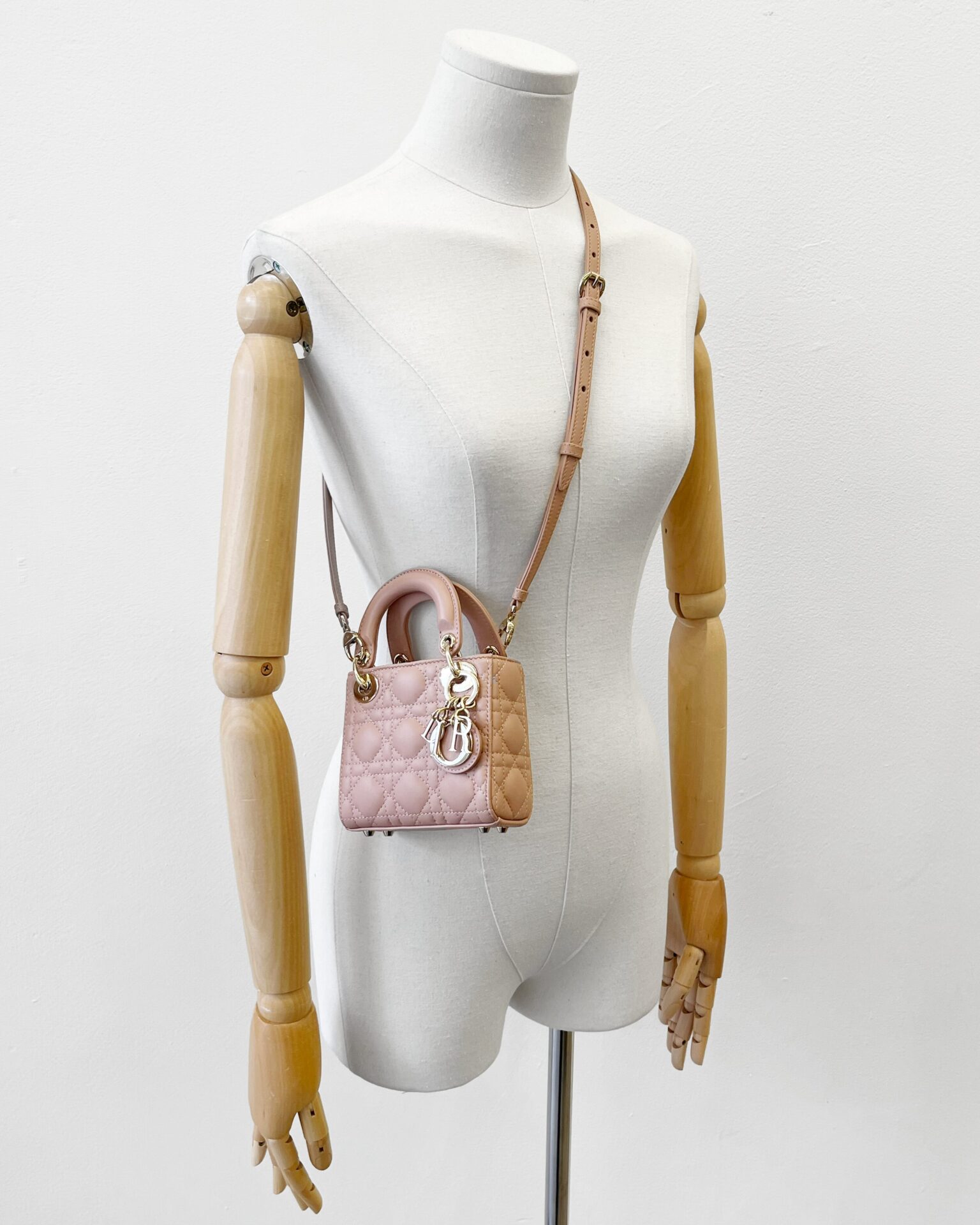 Dior micro Lady Dior bag in Rose des Vents lambskin with strap