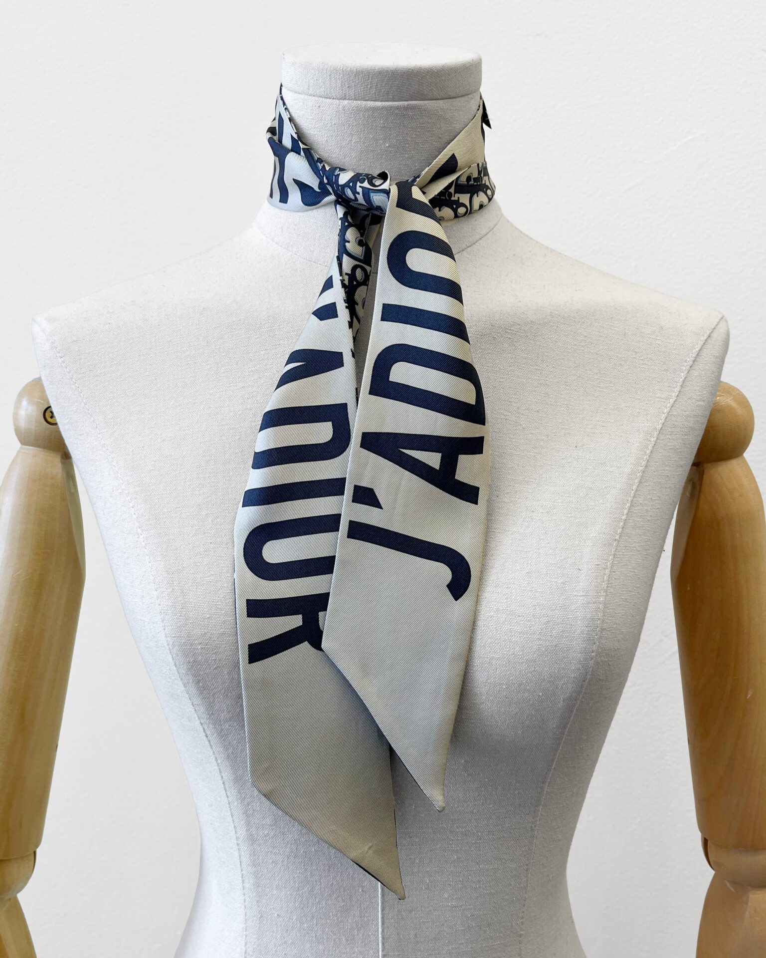 Dior Mitzah Oblique/J'Adior print silk scarf in navy & taupe