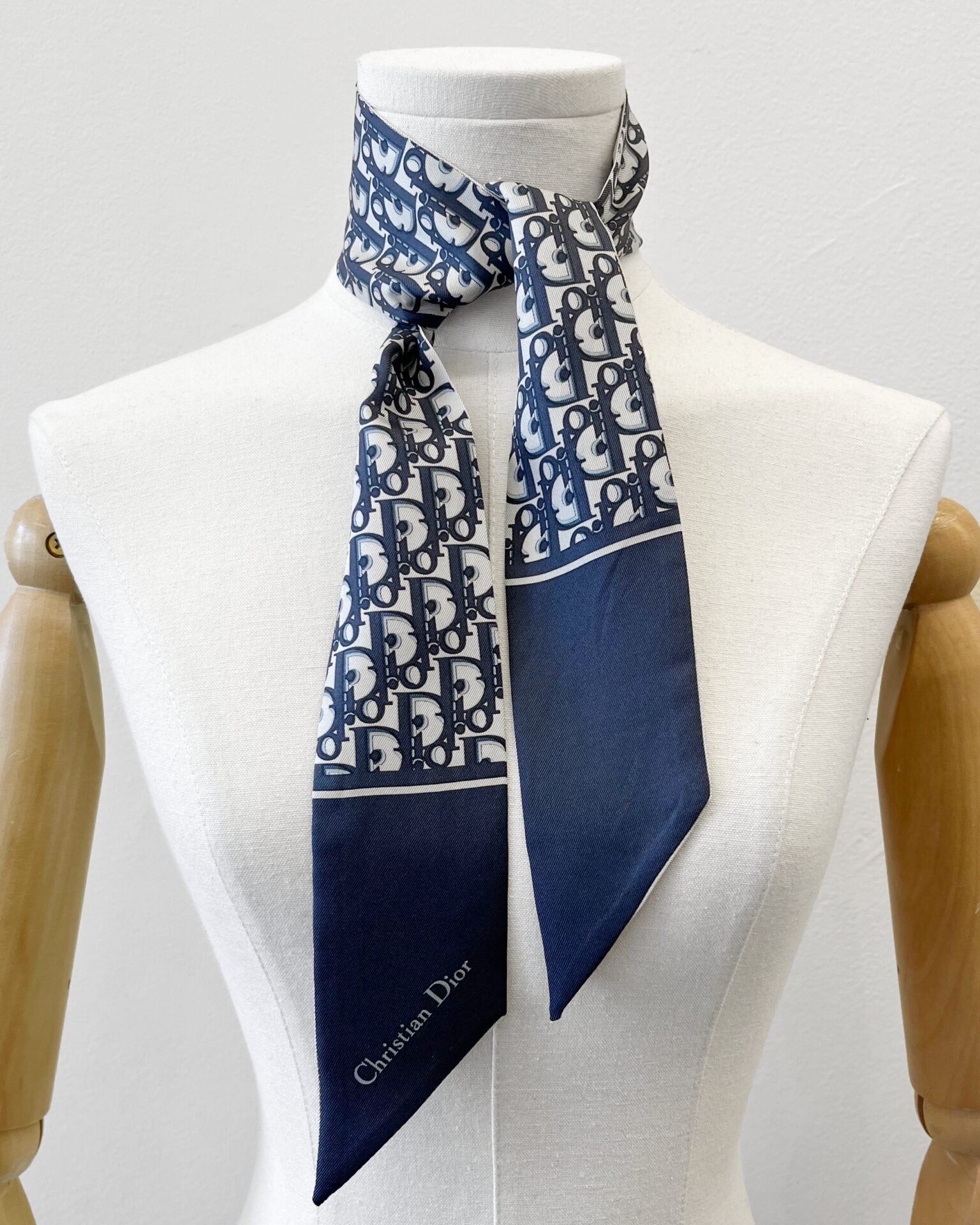 Dior Mitzah Oblique/J'Adior print silk scarf in navy & taupe