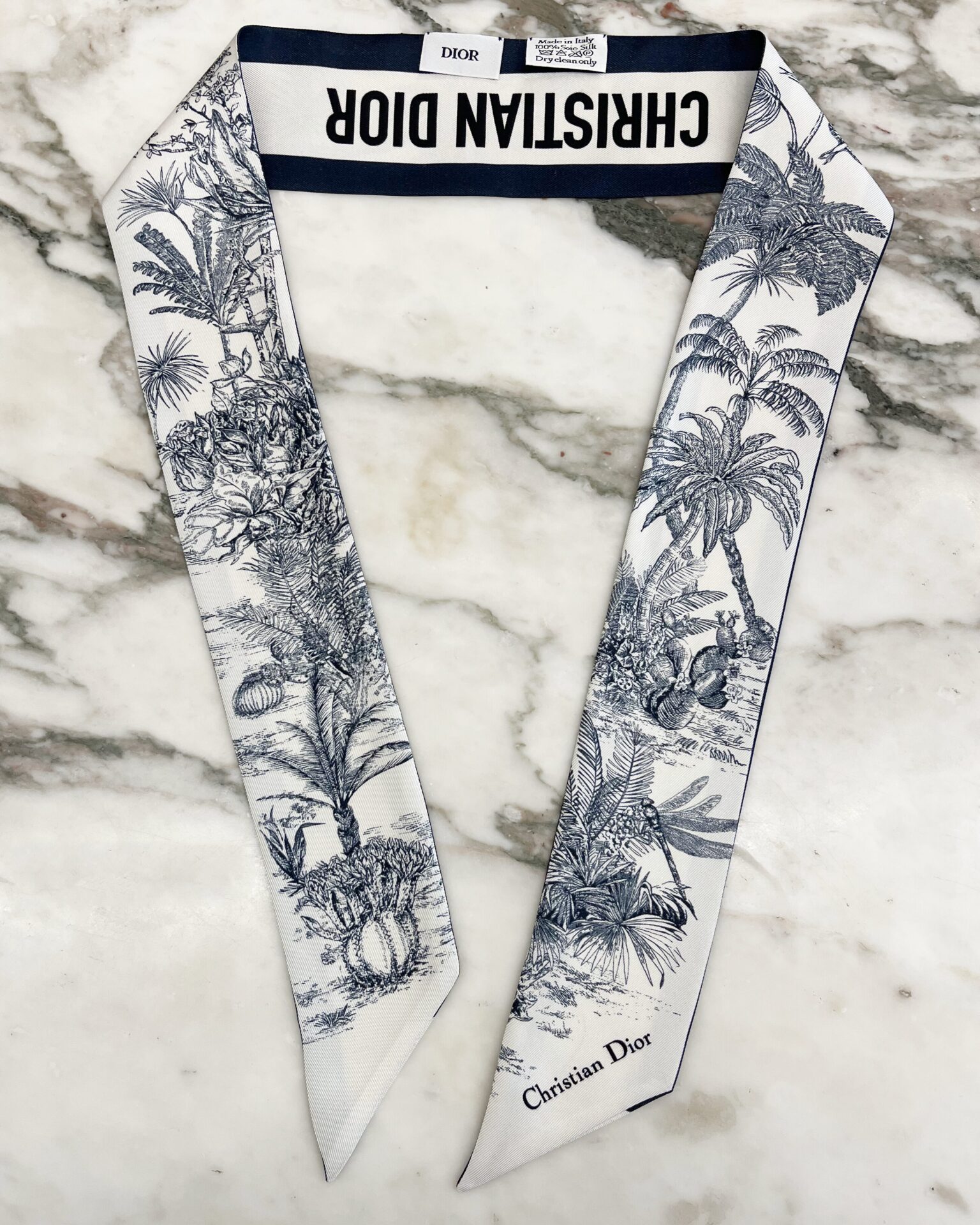 Dior Mitzah silk jungle toile print scarf in navy & beige