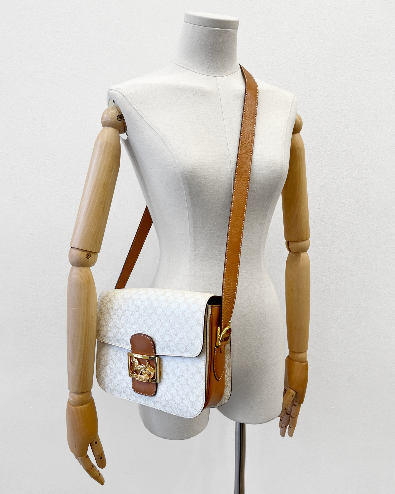 Celine 90's Macadam white purse with cognac leather trim