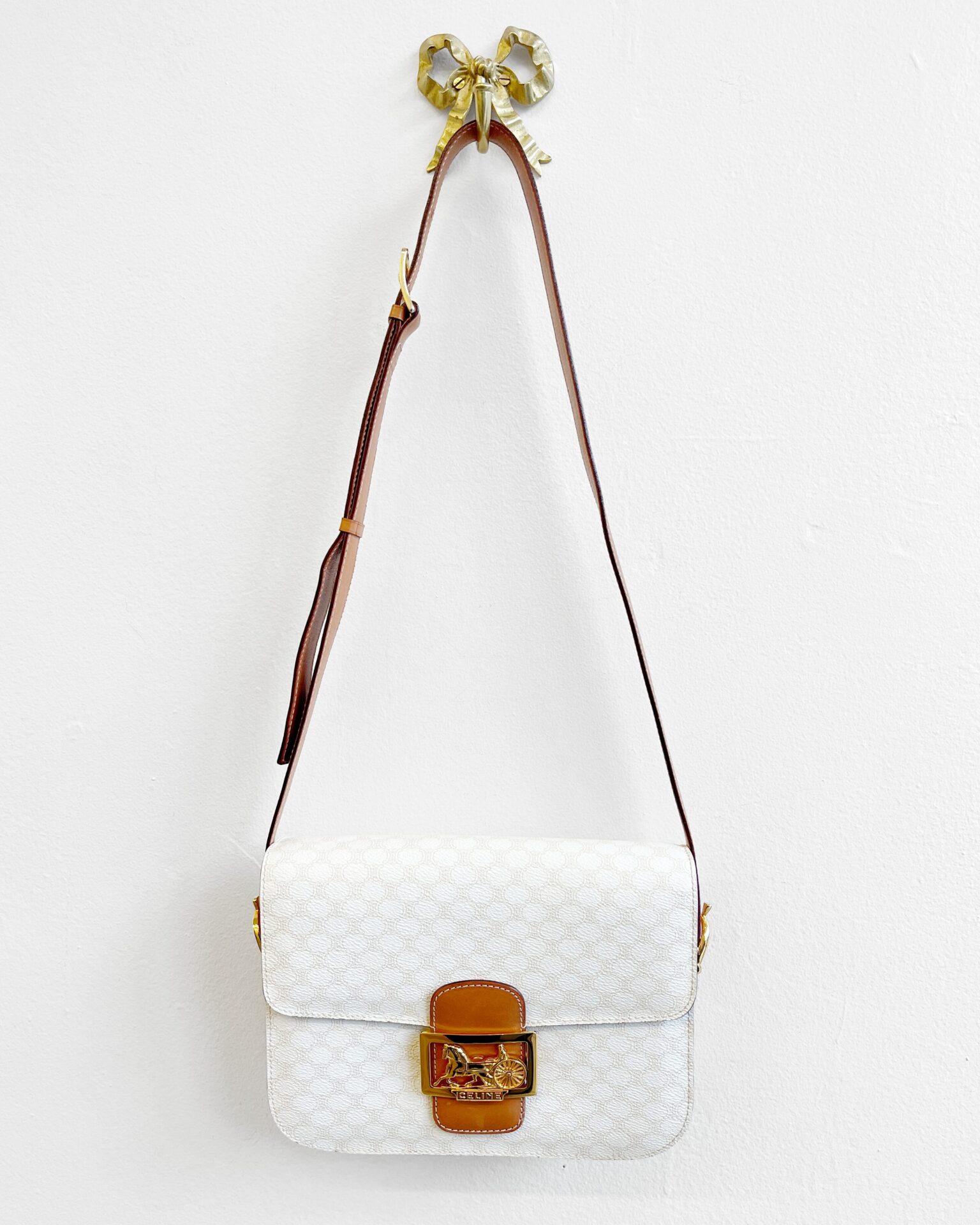 Celine 90's Macadam white purse with cognac leather trim