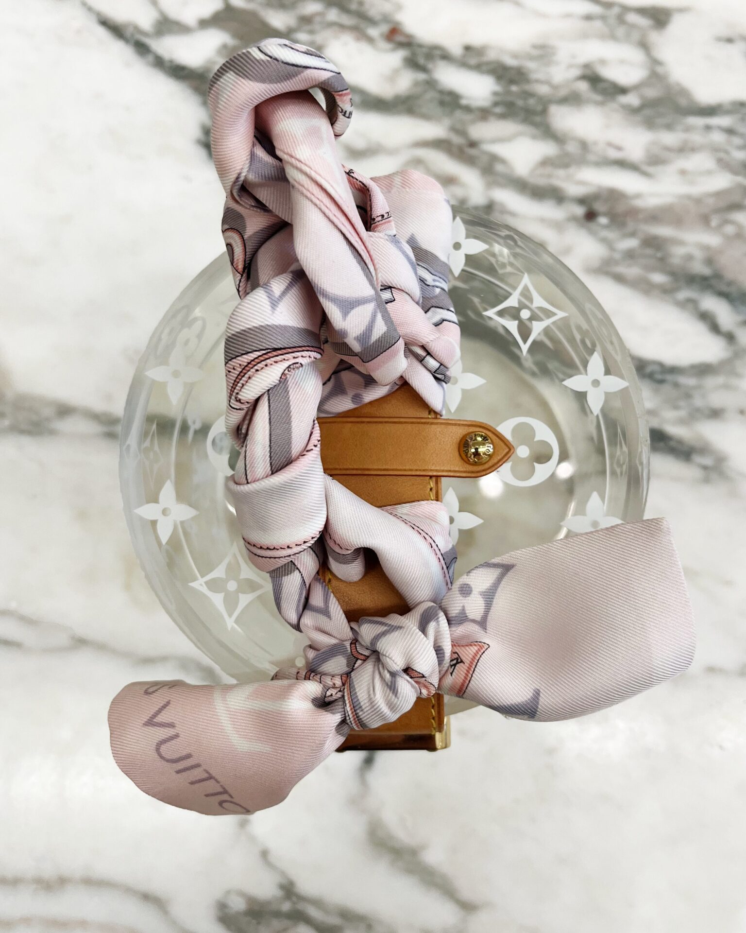 Louis Vuitton Scott Box in clear acrylic with pink scarf handle