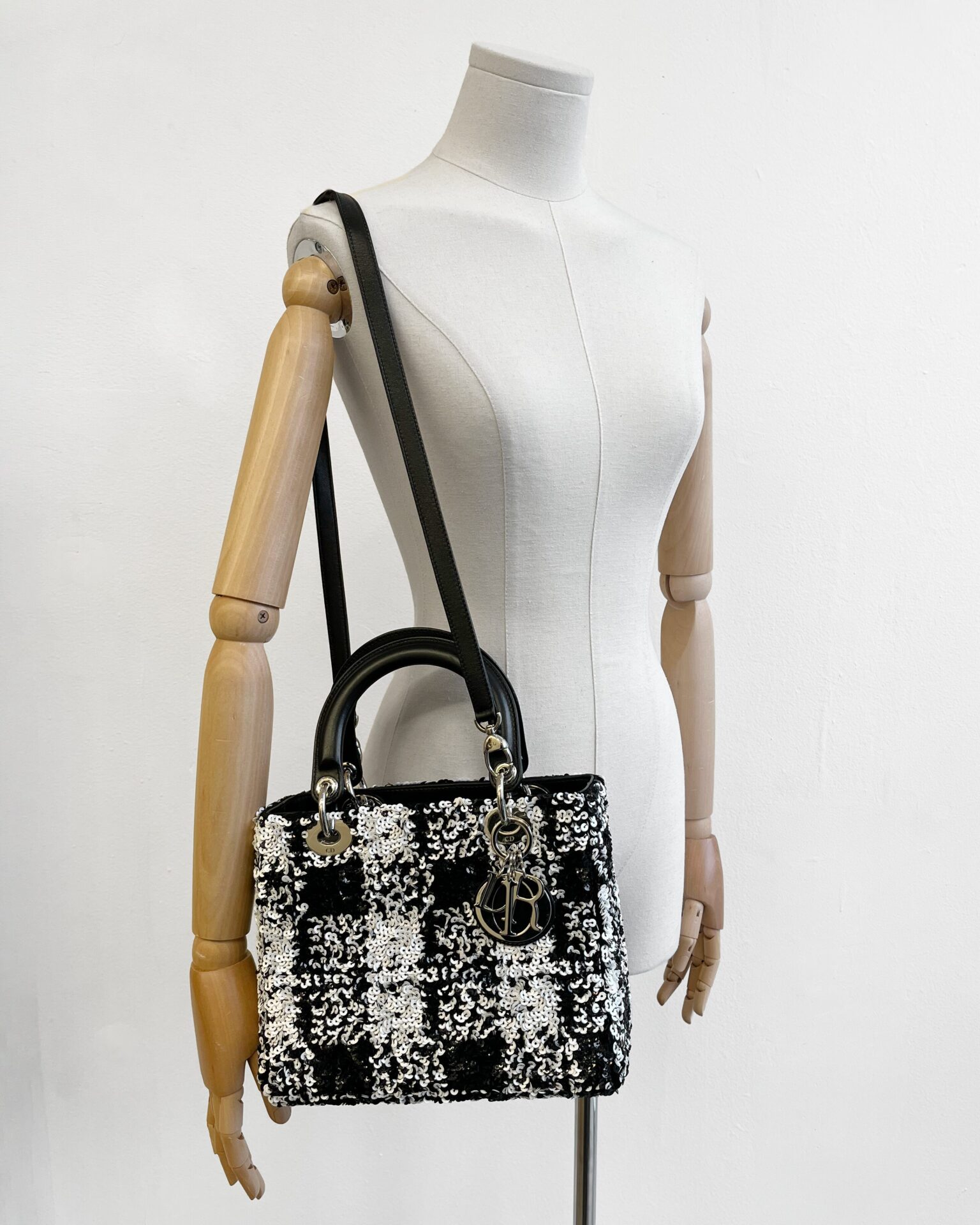 Dior Lady Dior Medium black & white sequin purse with shoulder strap