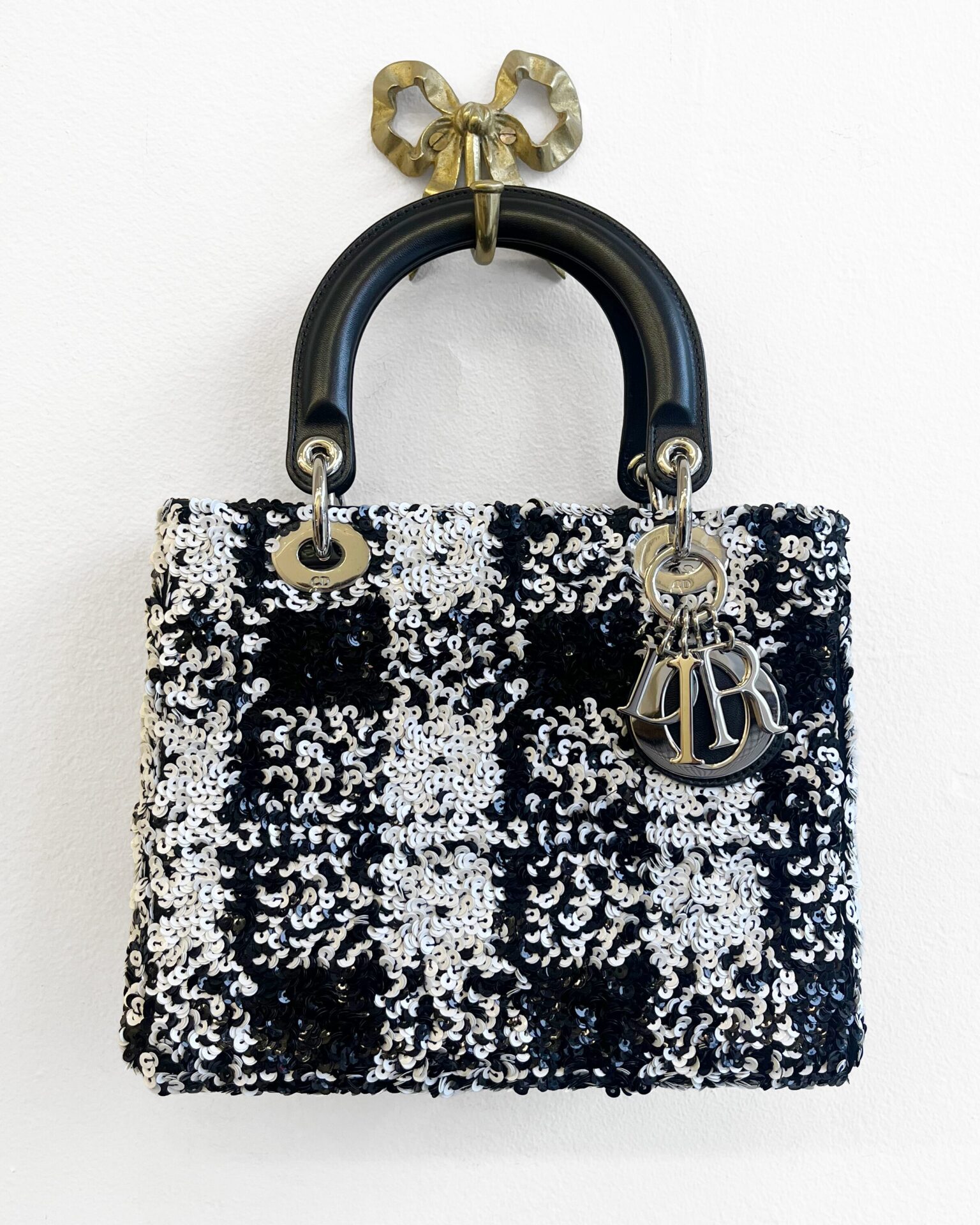 Dior Lady Dior Medium black & white sequin purse with shoulder strap