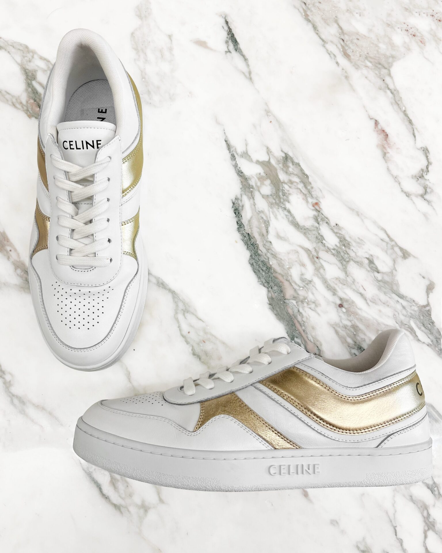 Celine white & gold calfskin sneakers