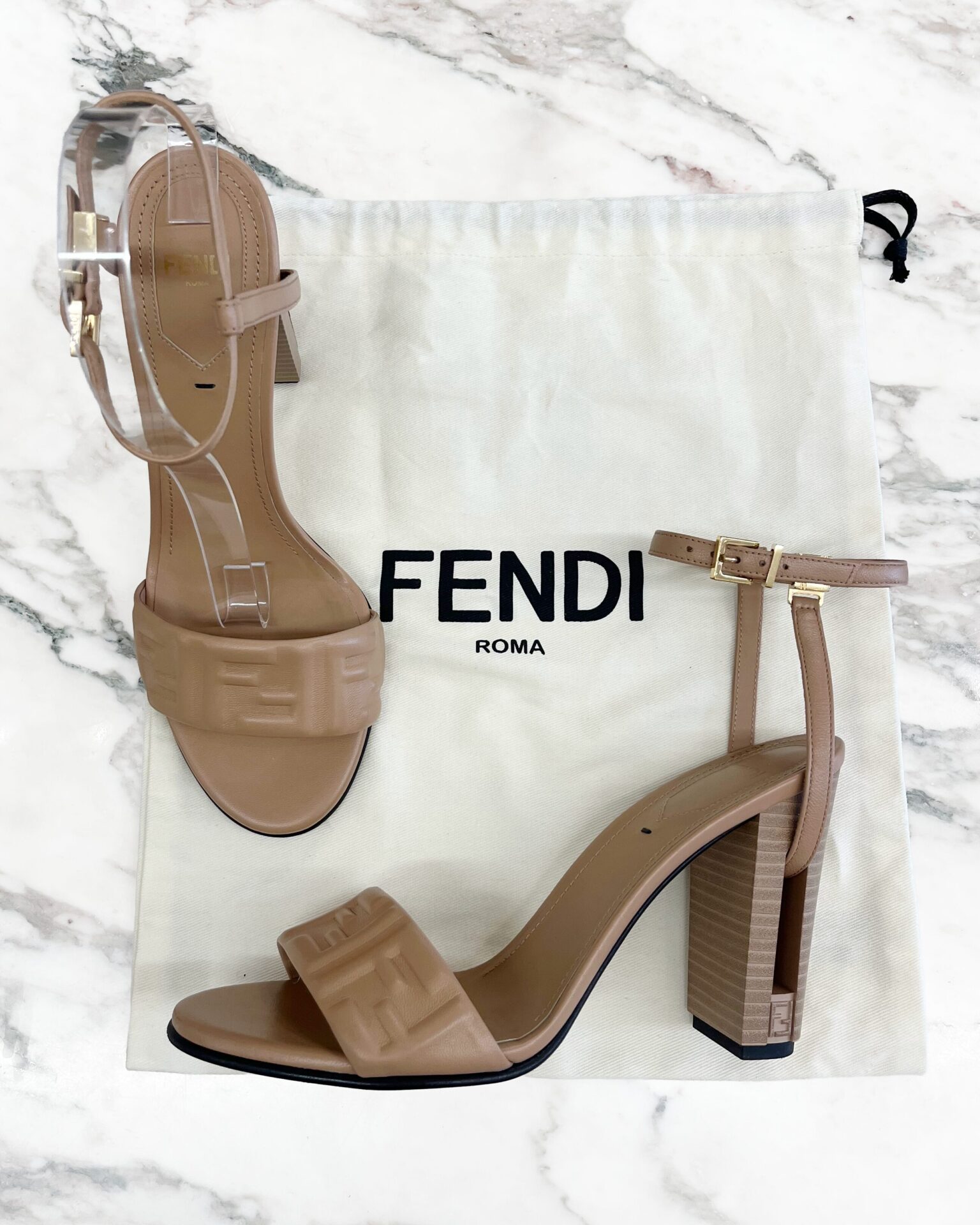 Fendi Delfina beige 'FF' nappa leather heeled sandals
