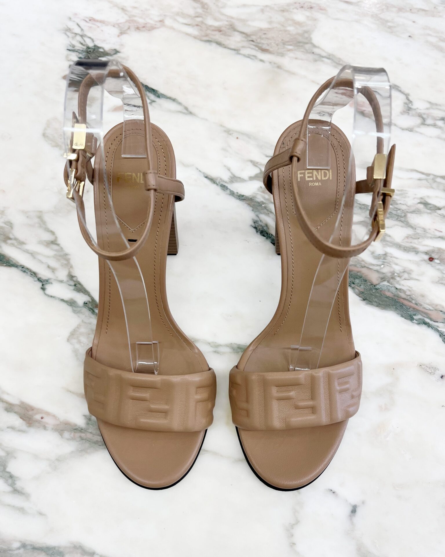Fendi Delfina beige 'FF' nappa leather heeled sandals