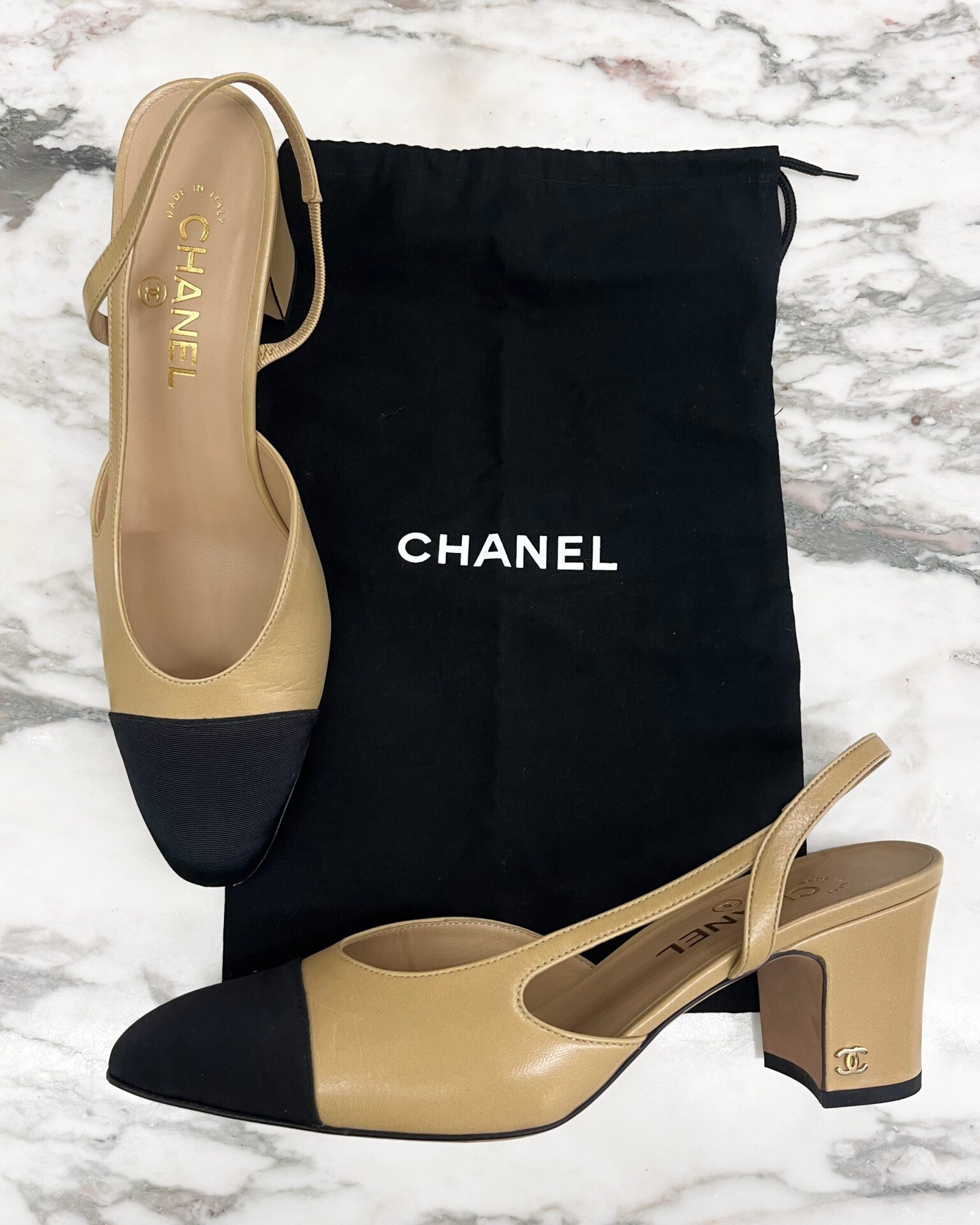 Chanel beige goatskin & black grosgrain slingback heels