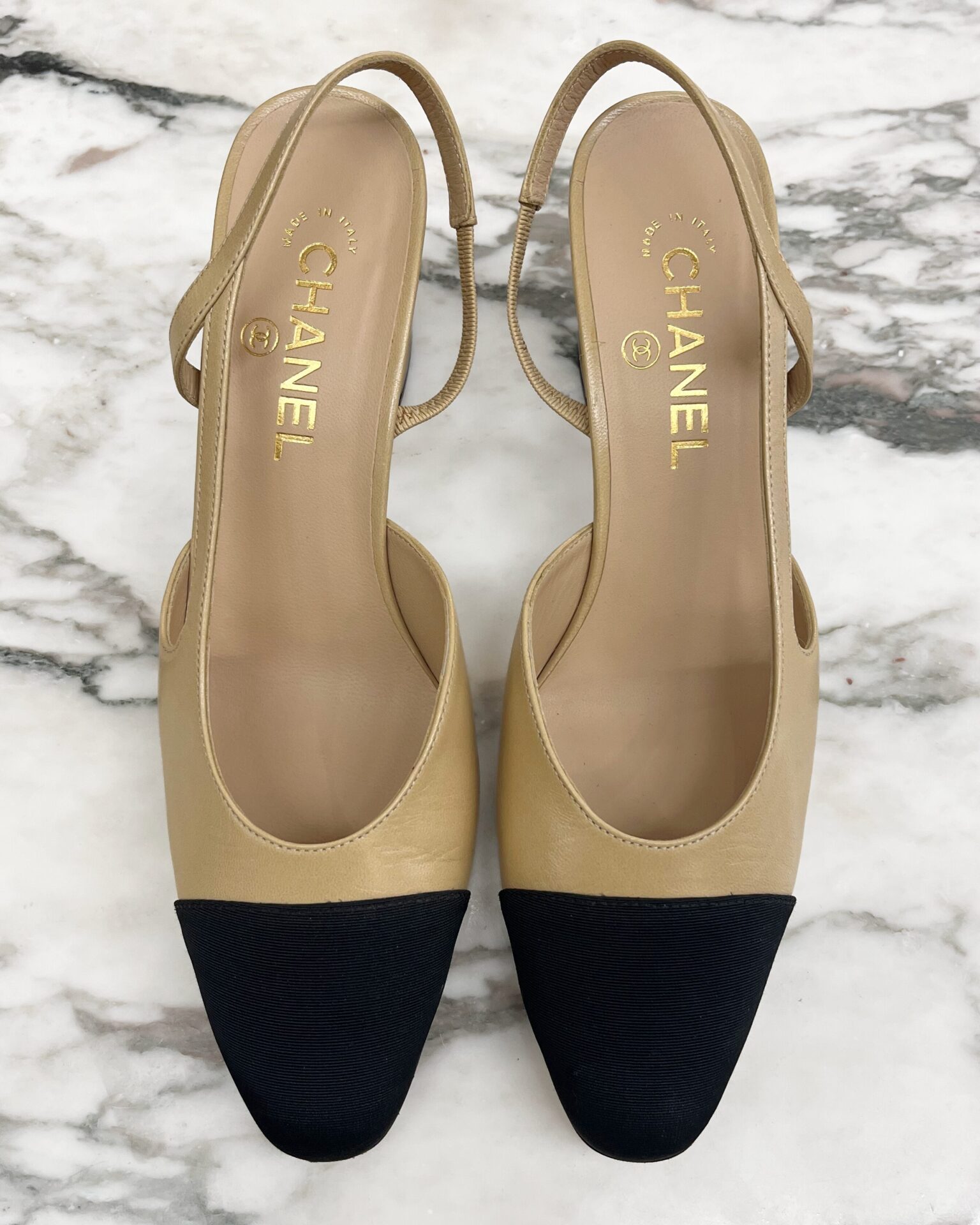 Chanel beige goatskin & black grosgrain slingback heels