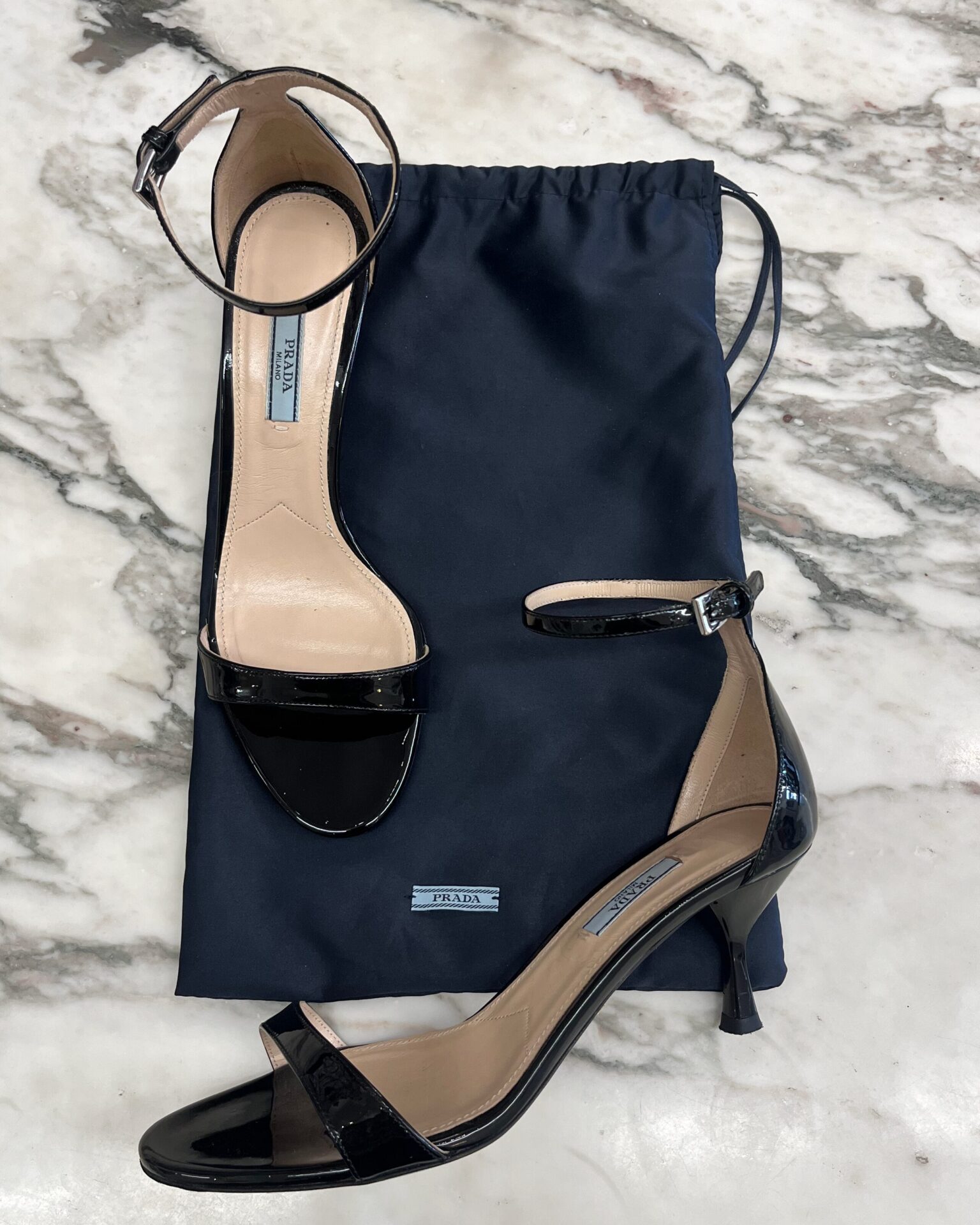 Prada black patent leather kitten heel sandals with ankle strap