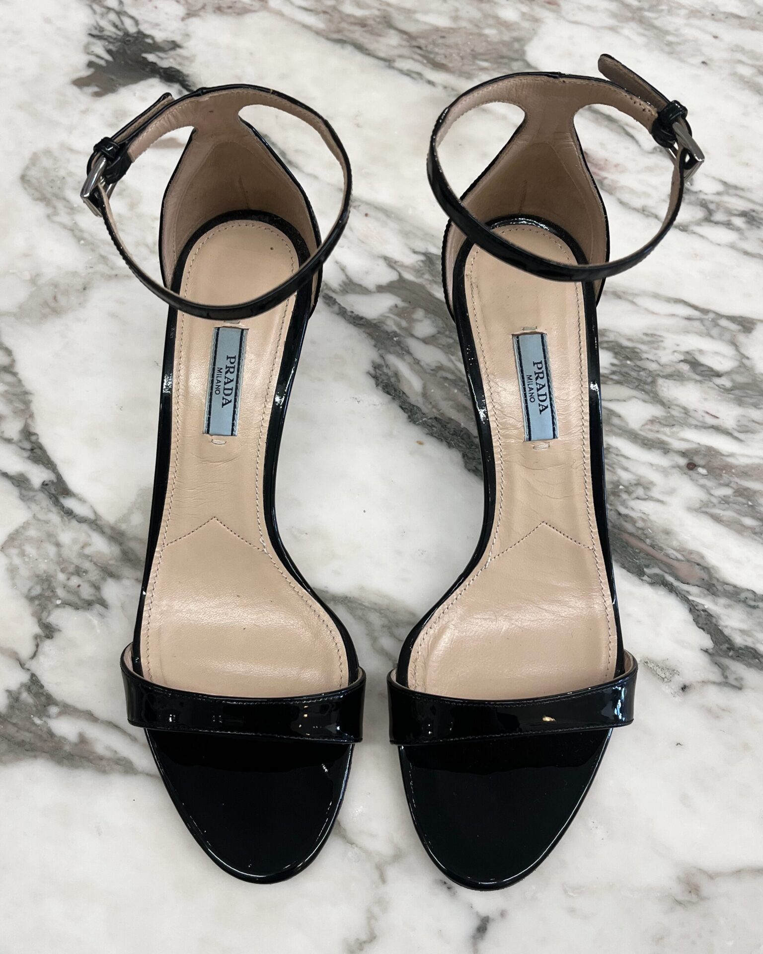 Prada black patent leather kitten heel sandals with ankle strap