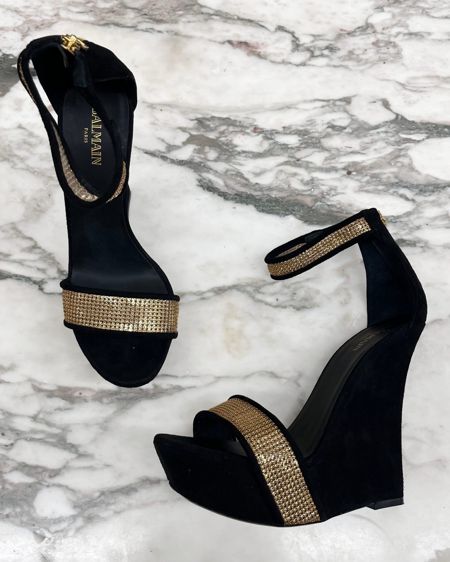 Balmain Samara black suede platform wedge sandals