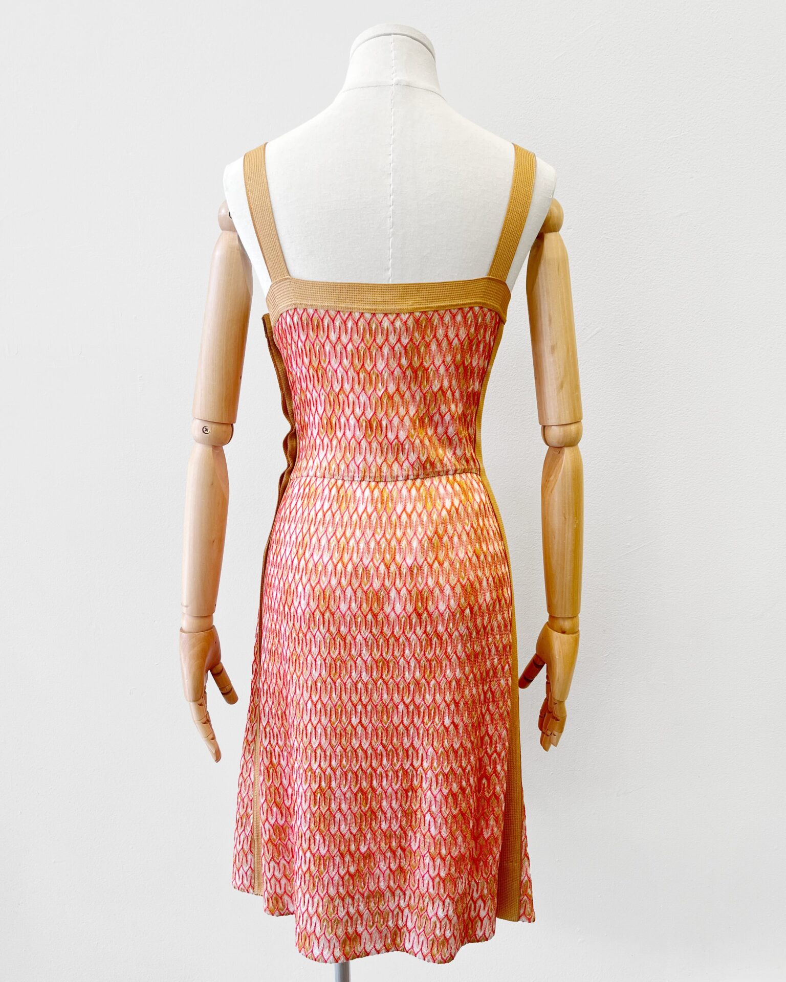 Missoni knit cocktail dress with belt in orange, pink & tan