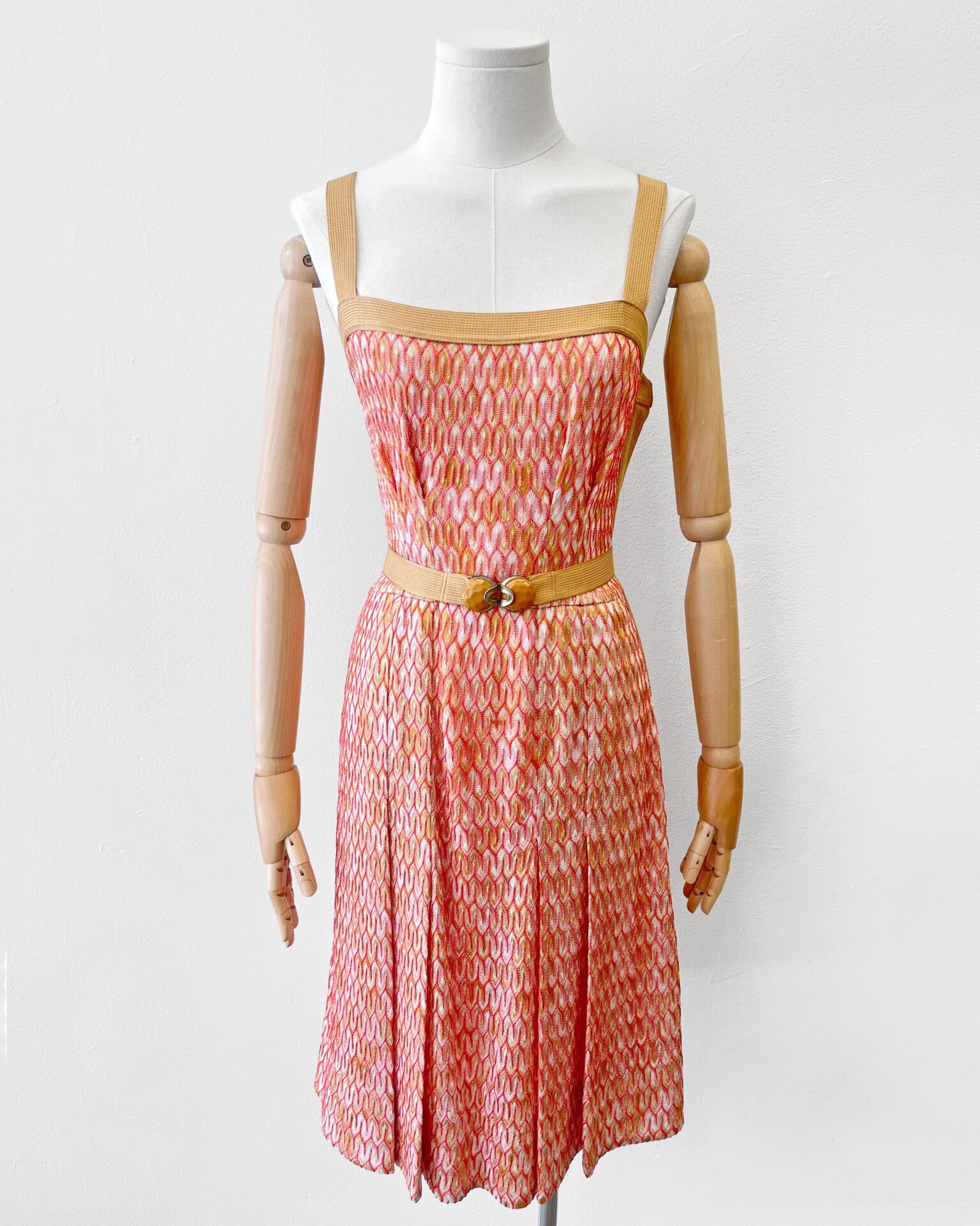 Missoni knit cocktail dress with belt in orange, pink & tan