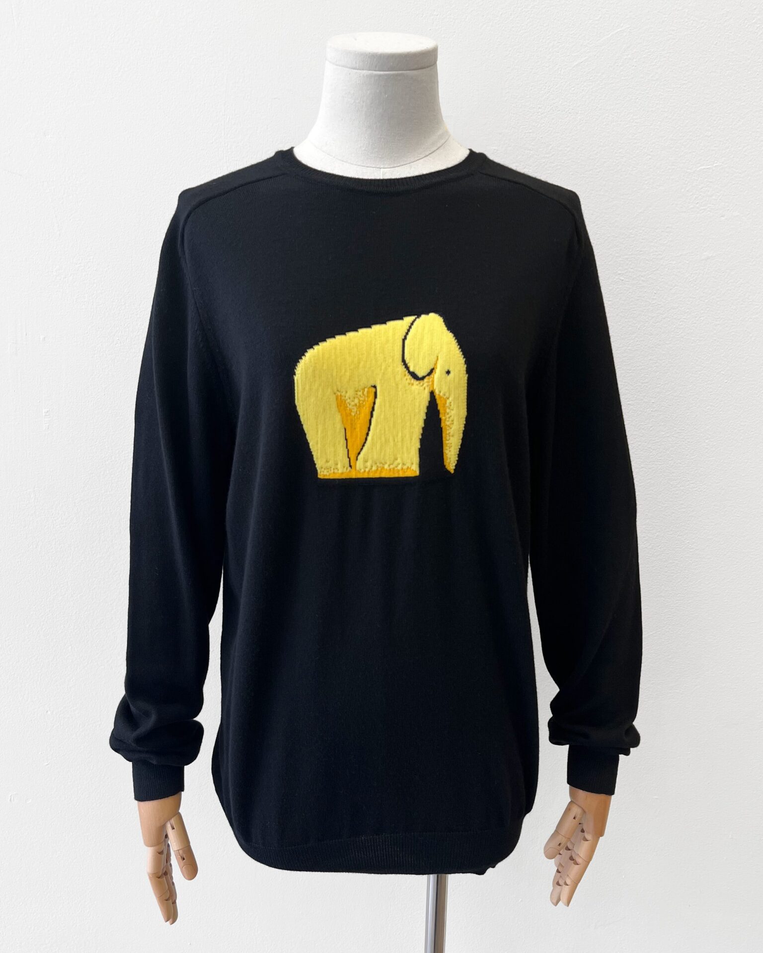 Loewe black virgin wool knit sweater with yellow elephant