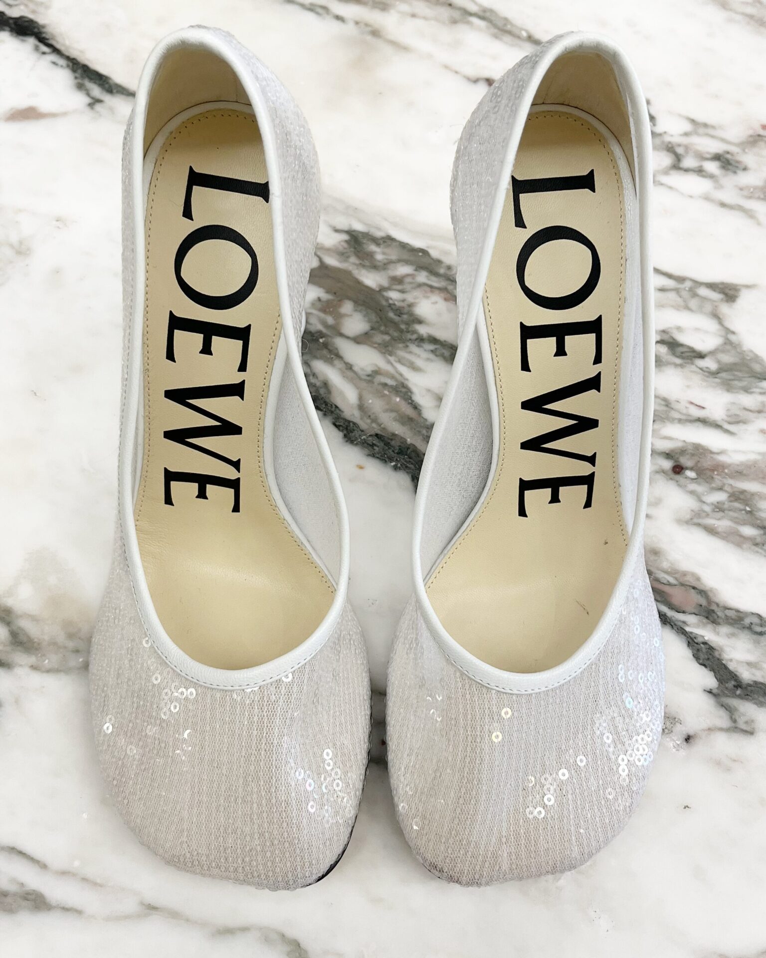 Loewe Toy Pump white sequin mesh heels