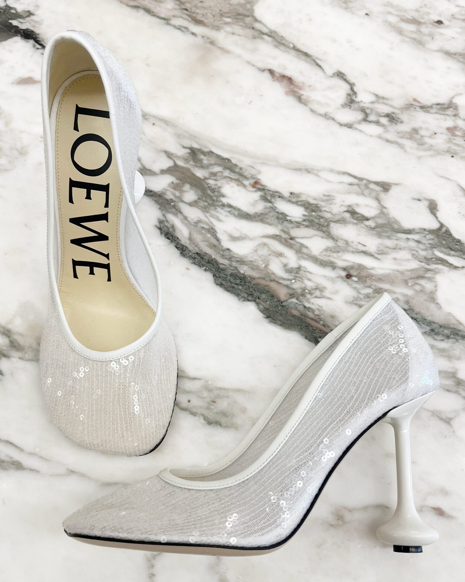 Loewe Toy Pump white sequin mesh heels